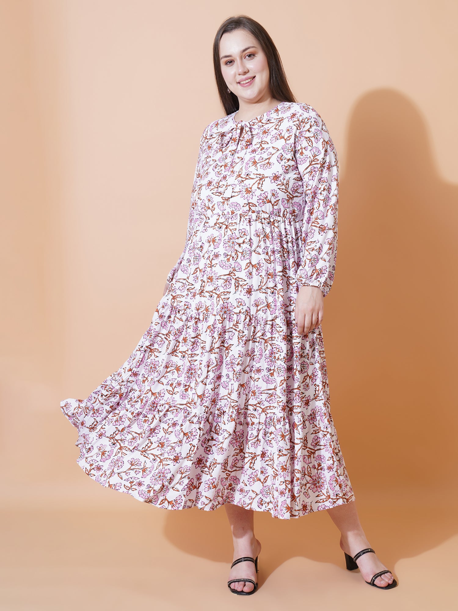Women Plus Size Floral Printed Tie-Up Neck Puff Sleeve Crepe Fit & Flare Midi Dress