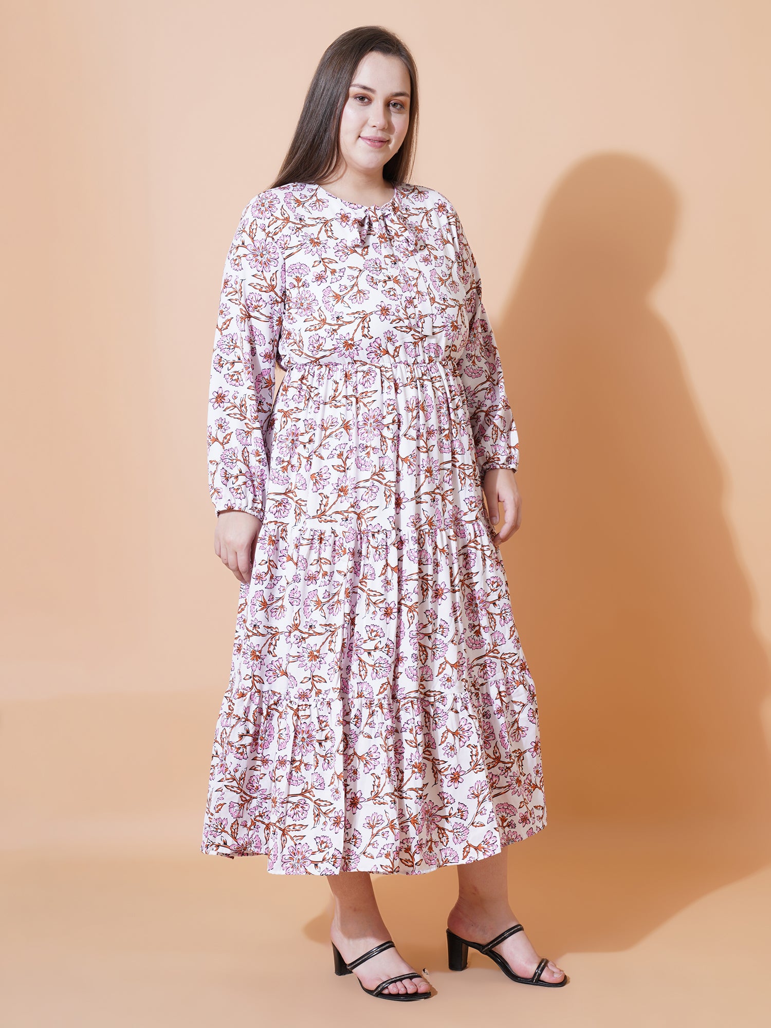 Women Plus Size Floral Printed Tie-Up Neck Puff Sleeve Crepe Fit & Flare Midi Dress