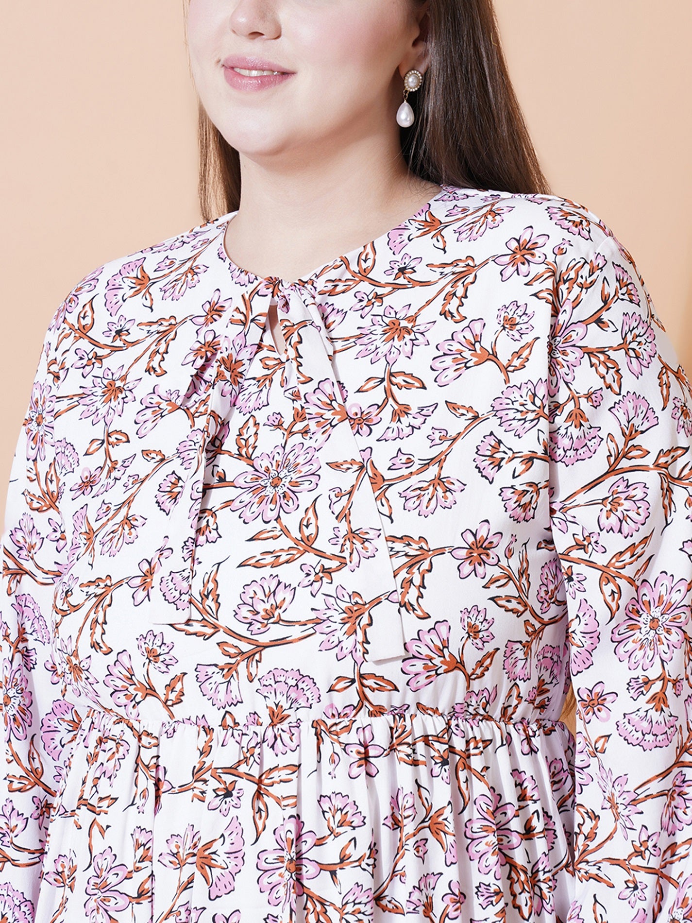 Women Plus Size Floral Printed Tie-Up Neck Puff Sleeve Crepe Fit & Flare Midi Dress