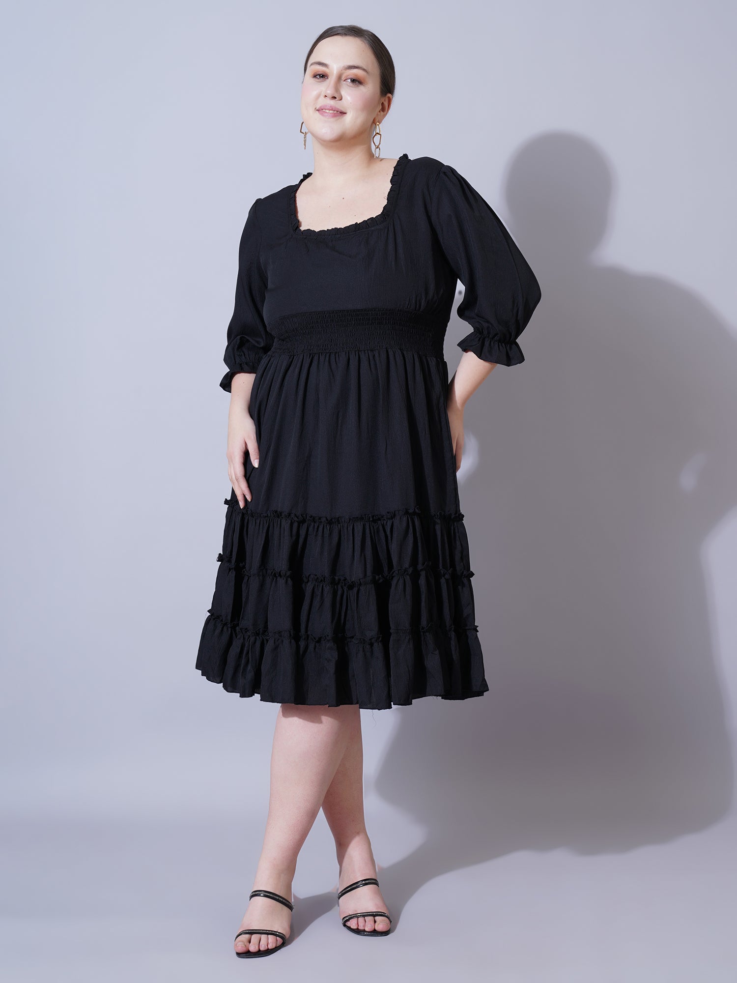 Women Plus Size Square Neck Cuffed Sleeve Fit & Flare Knee Length Dress