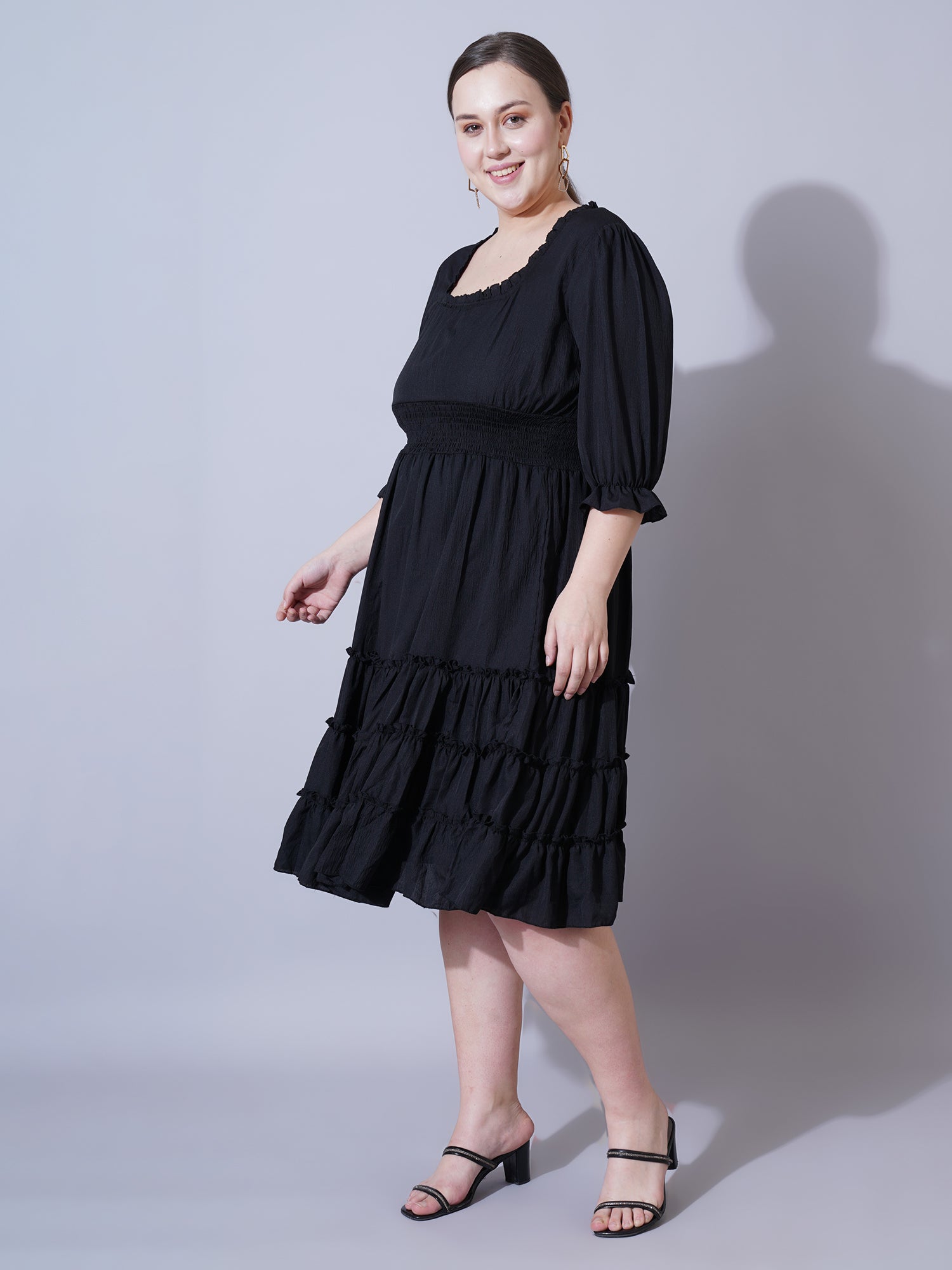 Women Plus Size Square Neck Cuffed Sleeve Fit & Flare Knee Length Dress
