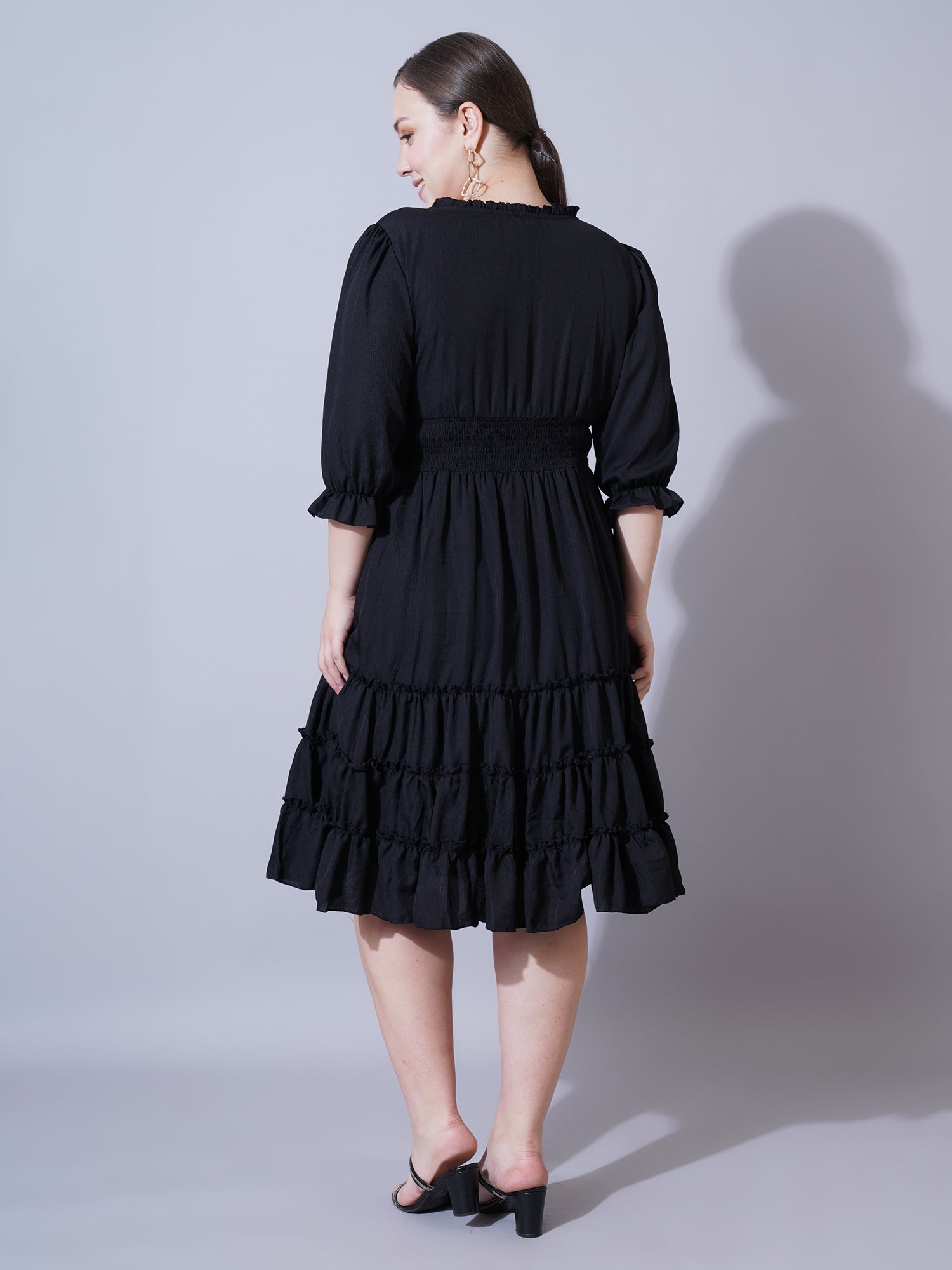 Women Plus Size Square Neck Cuffed Sleeve Fit & Flare Knee Length Dress