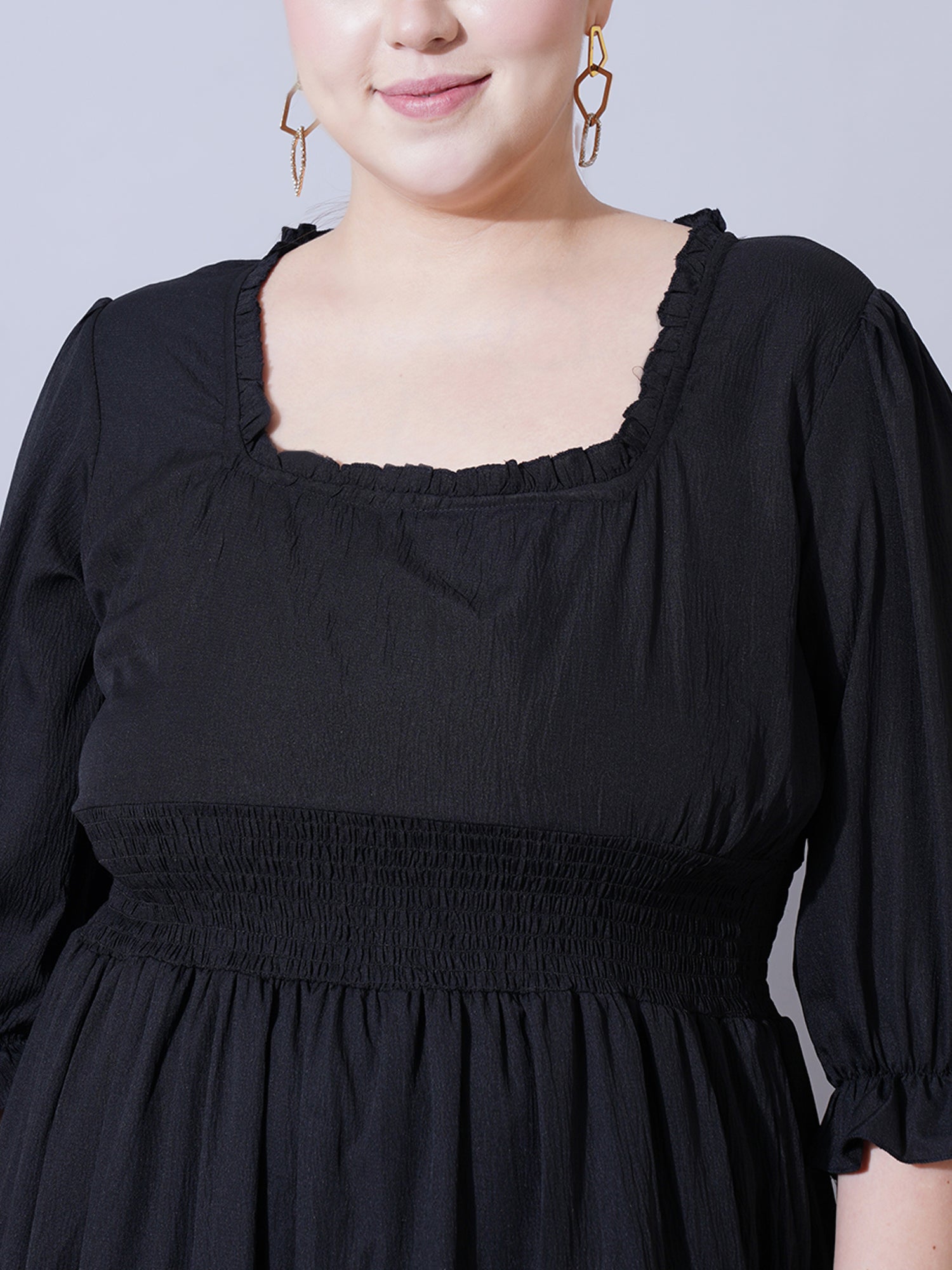 Women Plus Size Square Neck Cuffed Sleeve Fit & Flare Knee Length Dress