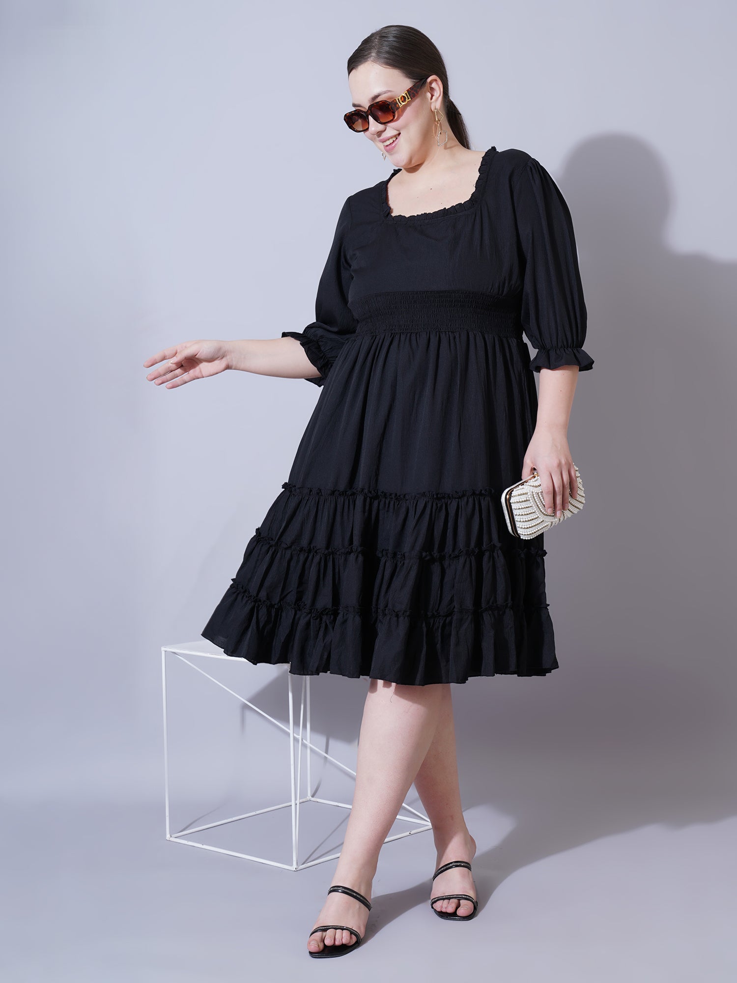 Women Plus Size Square Neck Cuffed Sleeve Fit & Flare Knee Length Dress