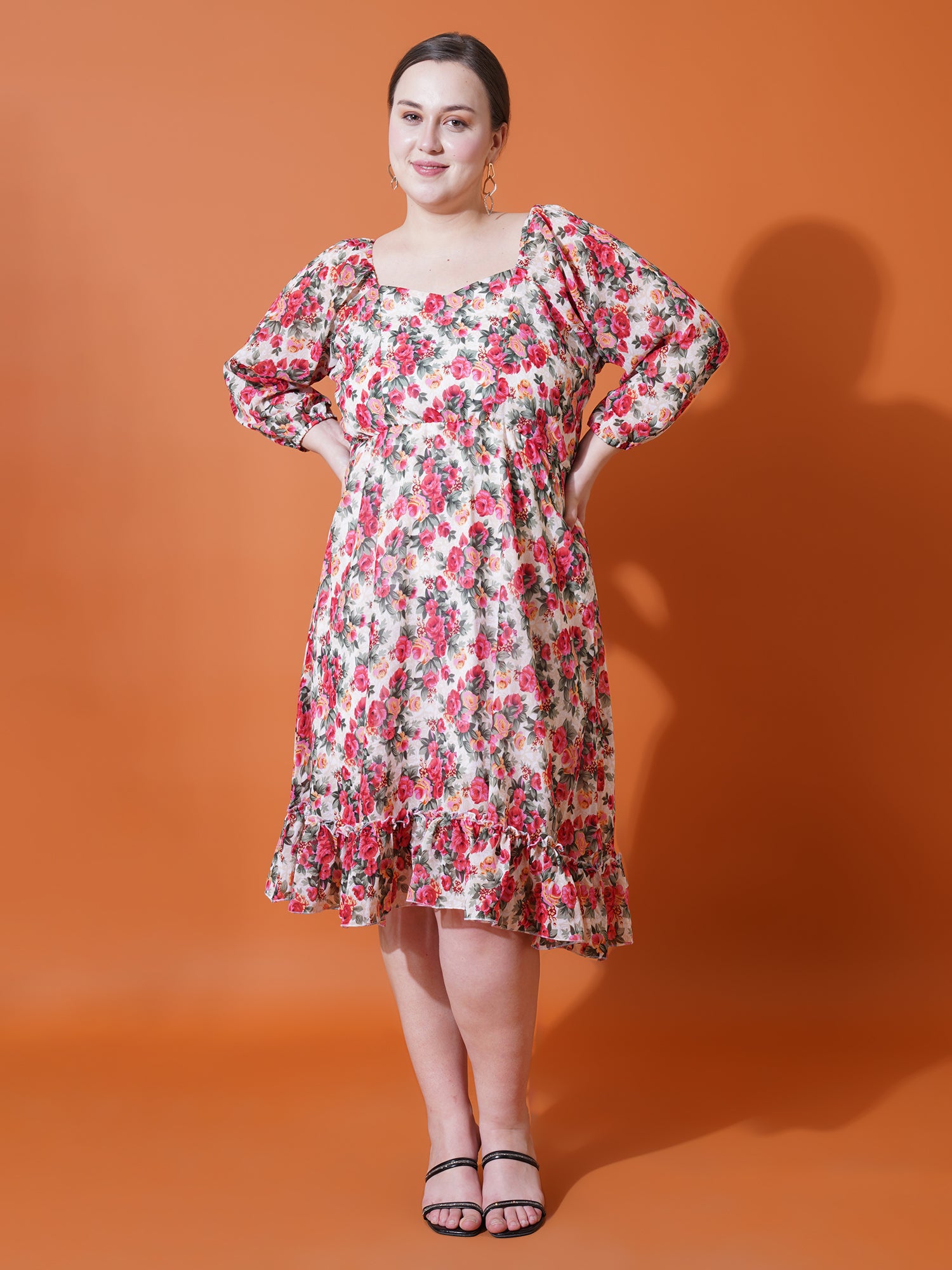 Women Plus Size Floral Printed Puff Sleeves Fit & Flare Dress