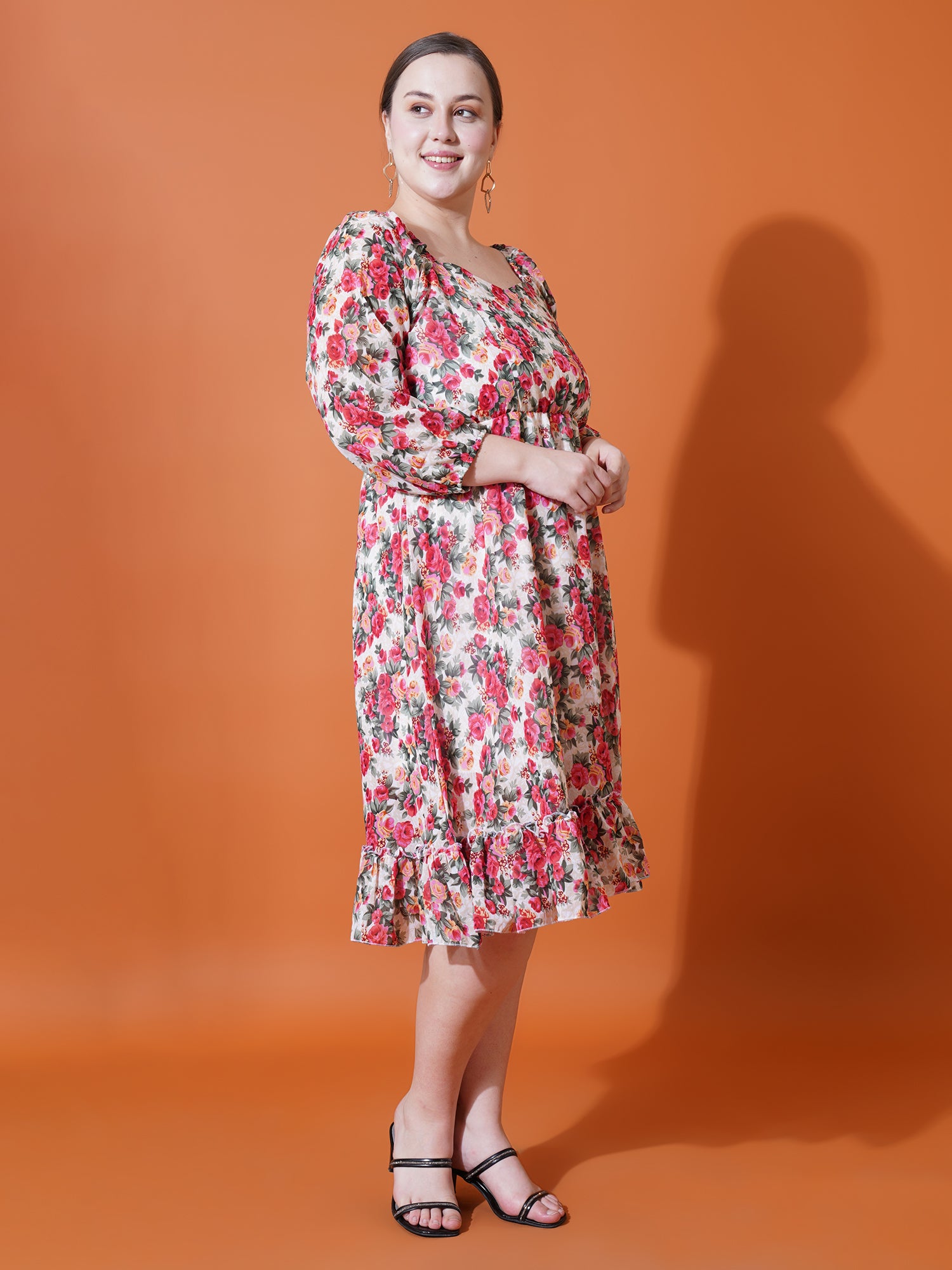 Women Plus Size Floral Printed Puff Sleeves Fit & Flare Dress