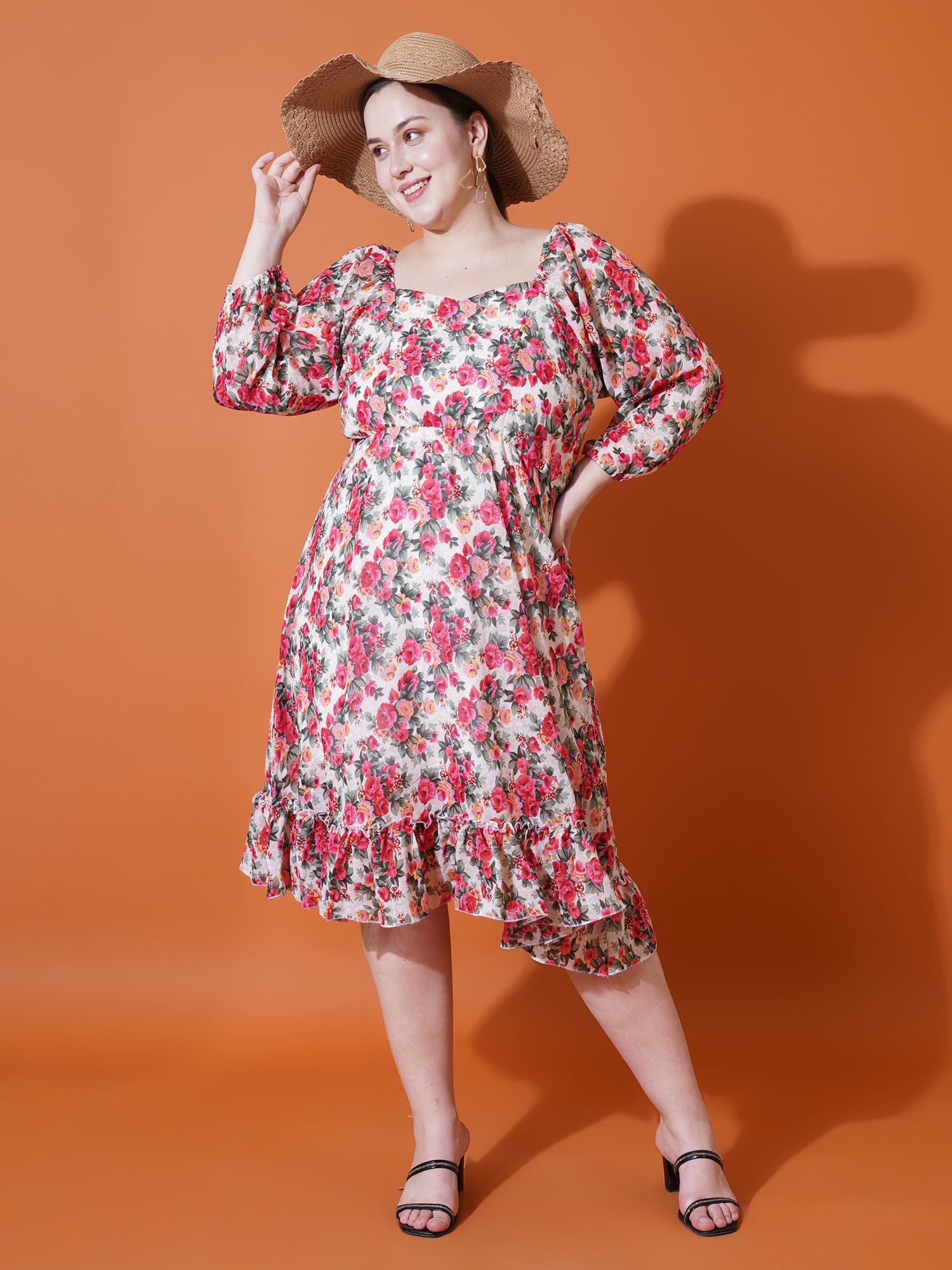 Women Plus Size Floral Printed Puff Sleeves Fit & Flare Dress