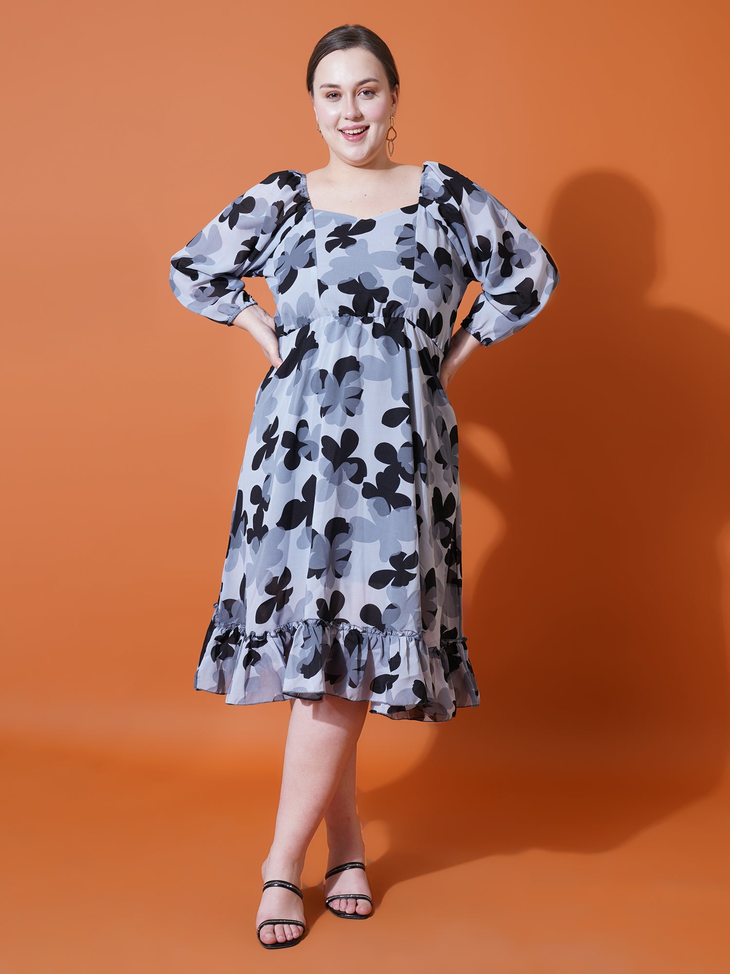 Women Plus Size Floral Print Puff Sleeve Fit & Flare Dress