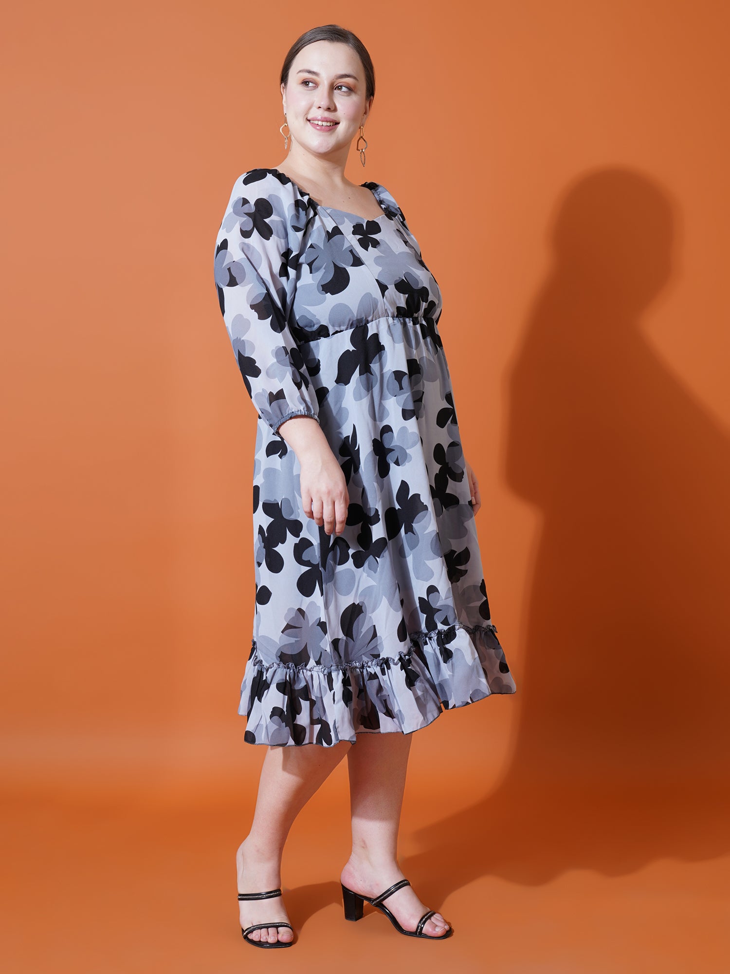 Women Plus Size Floral Print Puff Sleeve Fit & Flare Dress