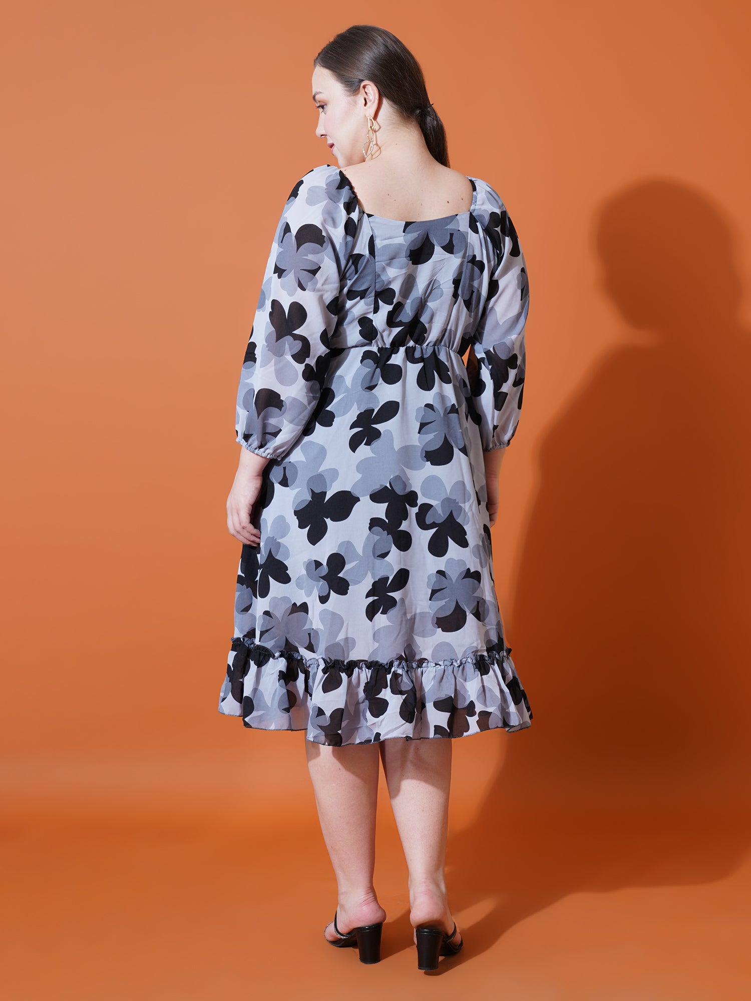 Women Plus Size Floral Print Puff Sleeve Fit & Flare Dress