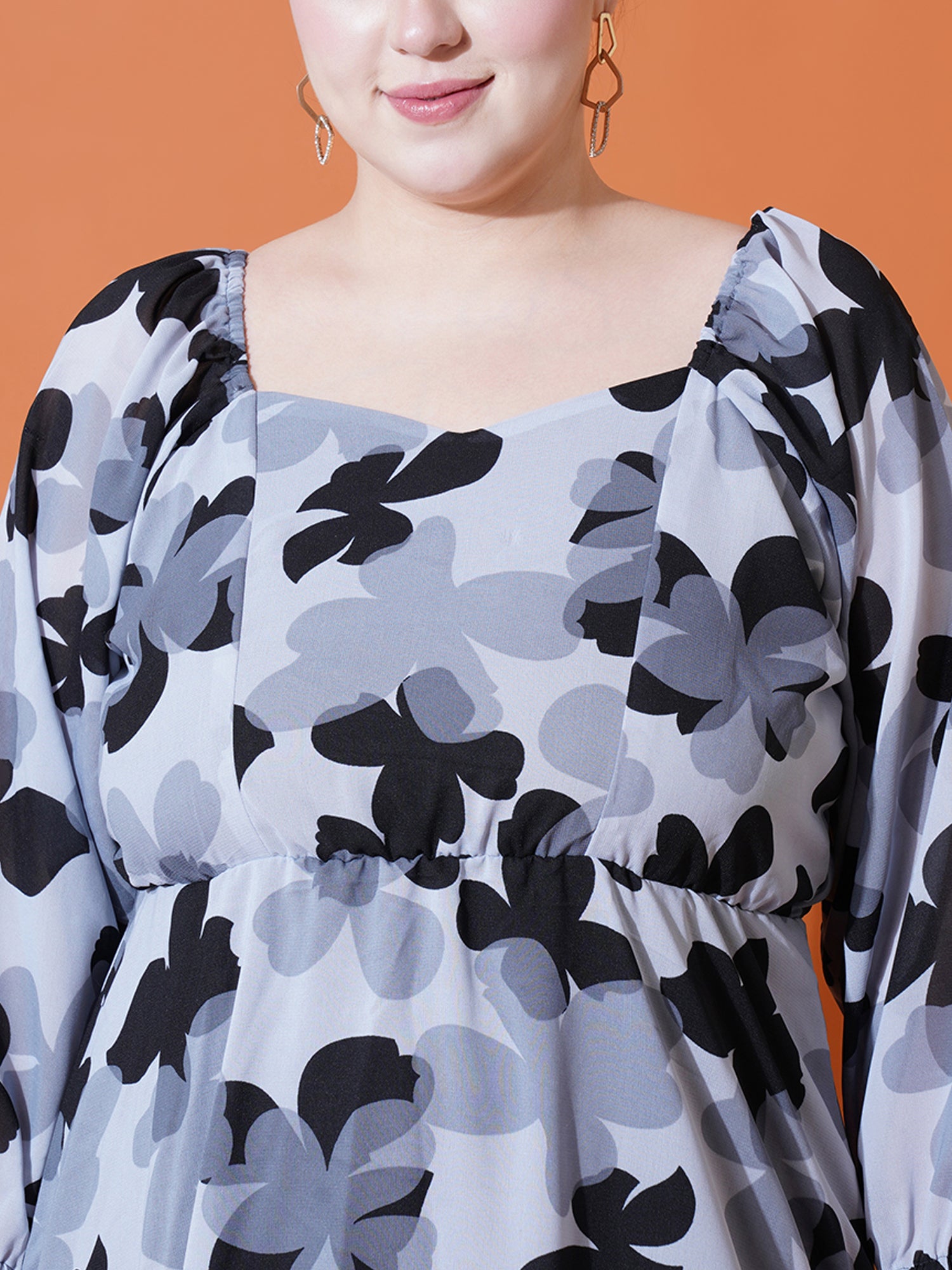 Women Plus Size Floral Print Puff Sleeve Fit & Flare Dress