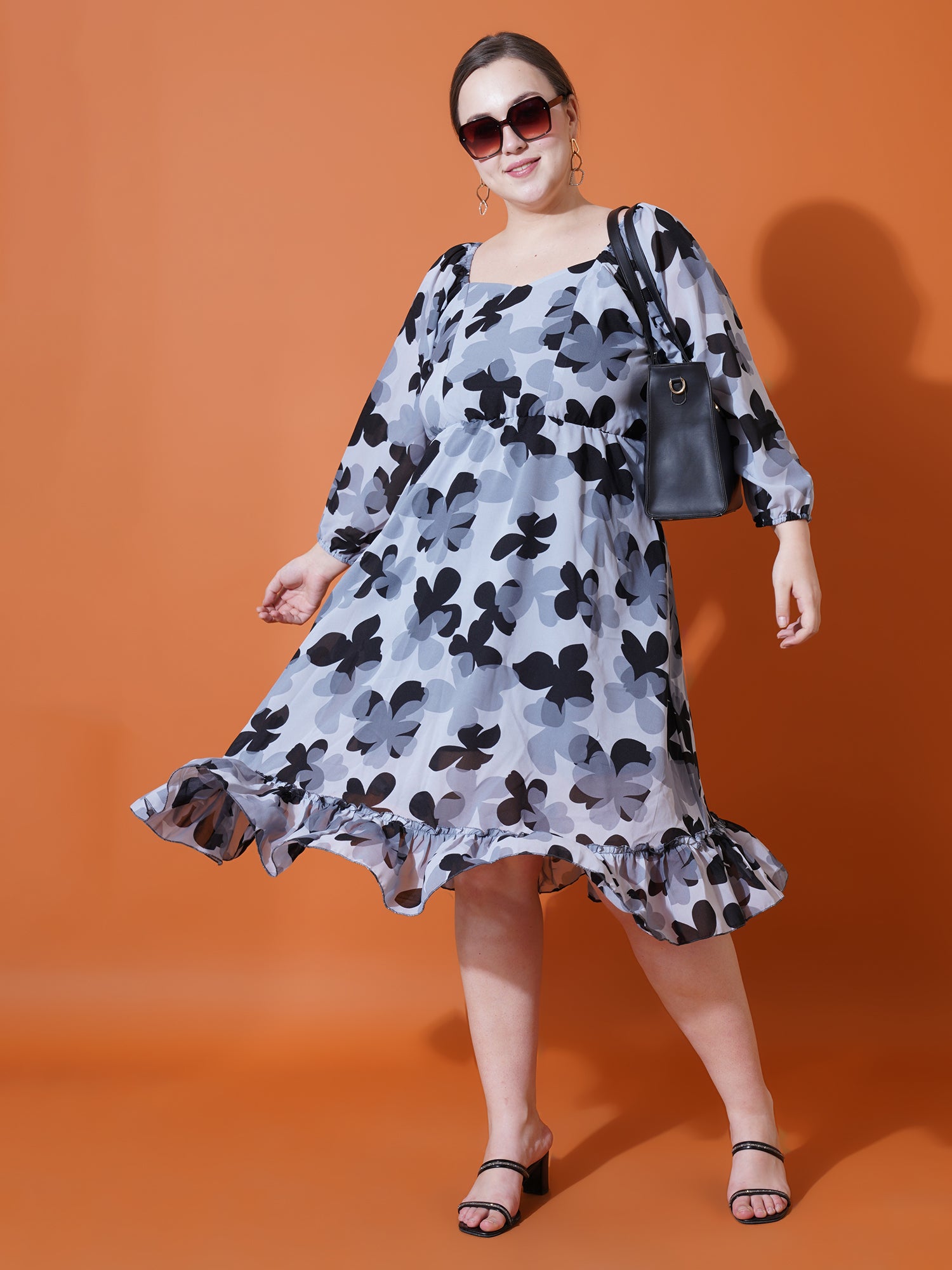 Women Plus Size Floral Print Puff Sleeve Fit & Flare Dress