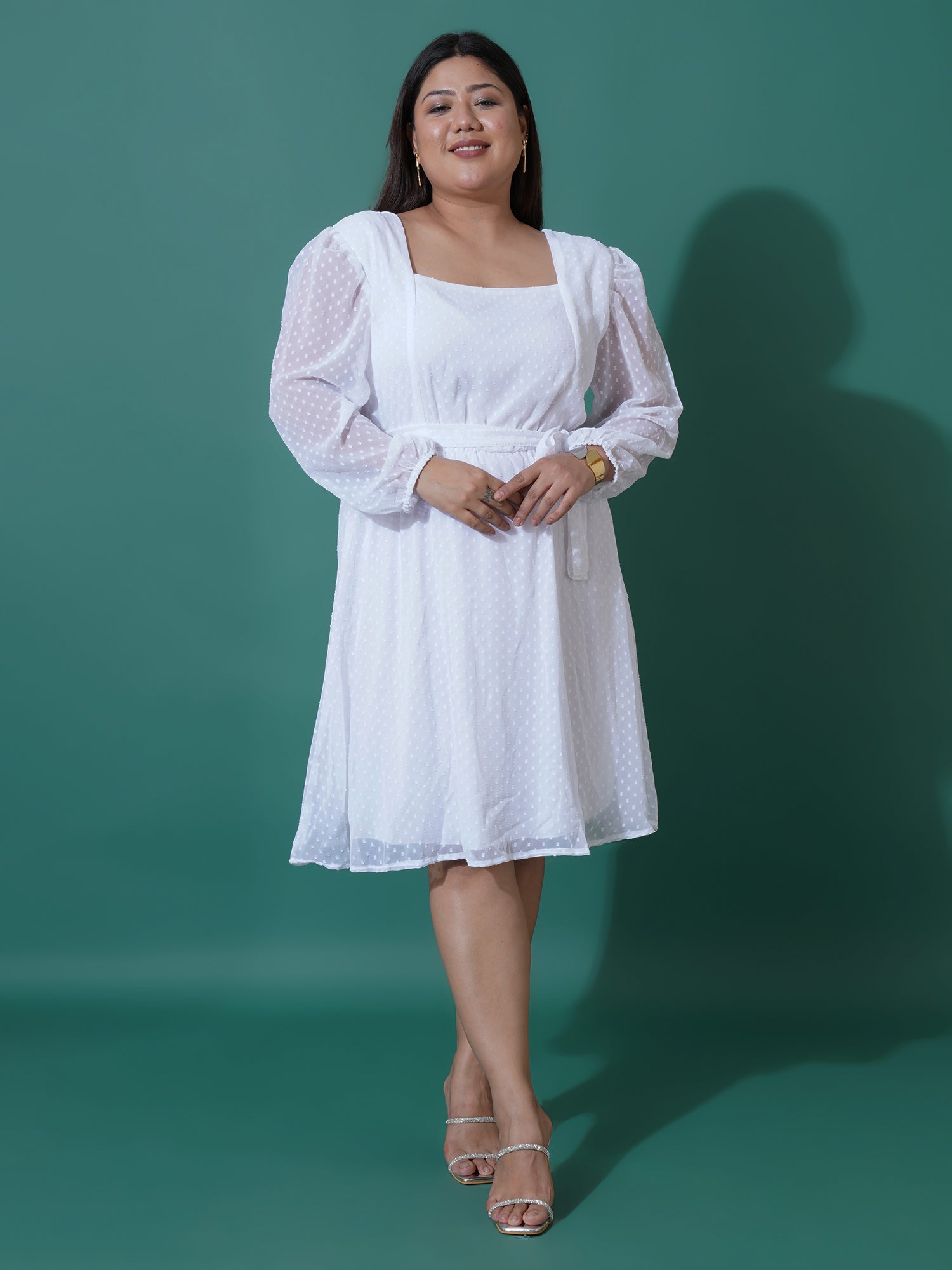 Women Plus Size Puff Sleeve Fit & Flare Dress