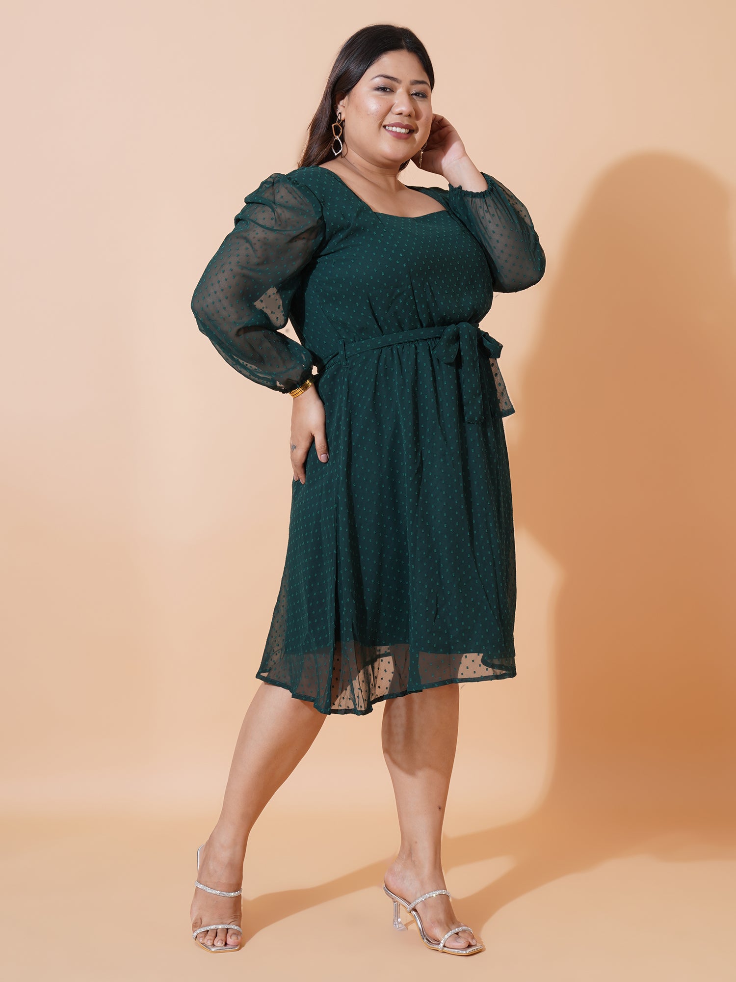 Women Plus Size Puff Sleeves Fit & Flare Dress