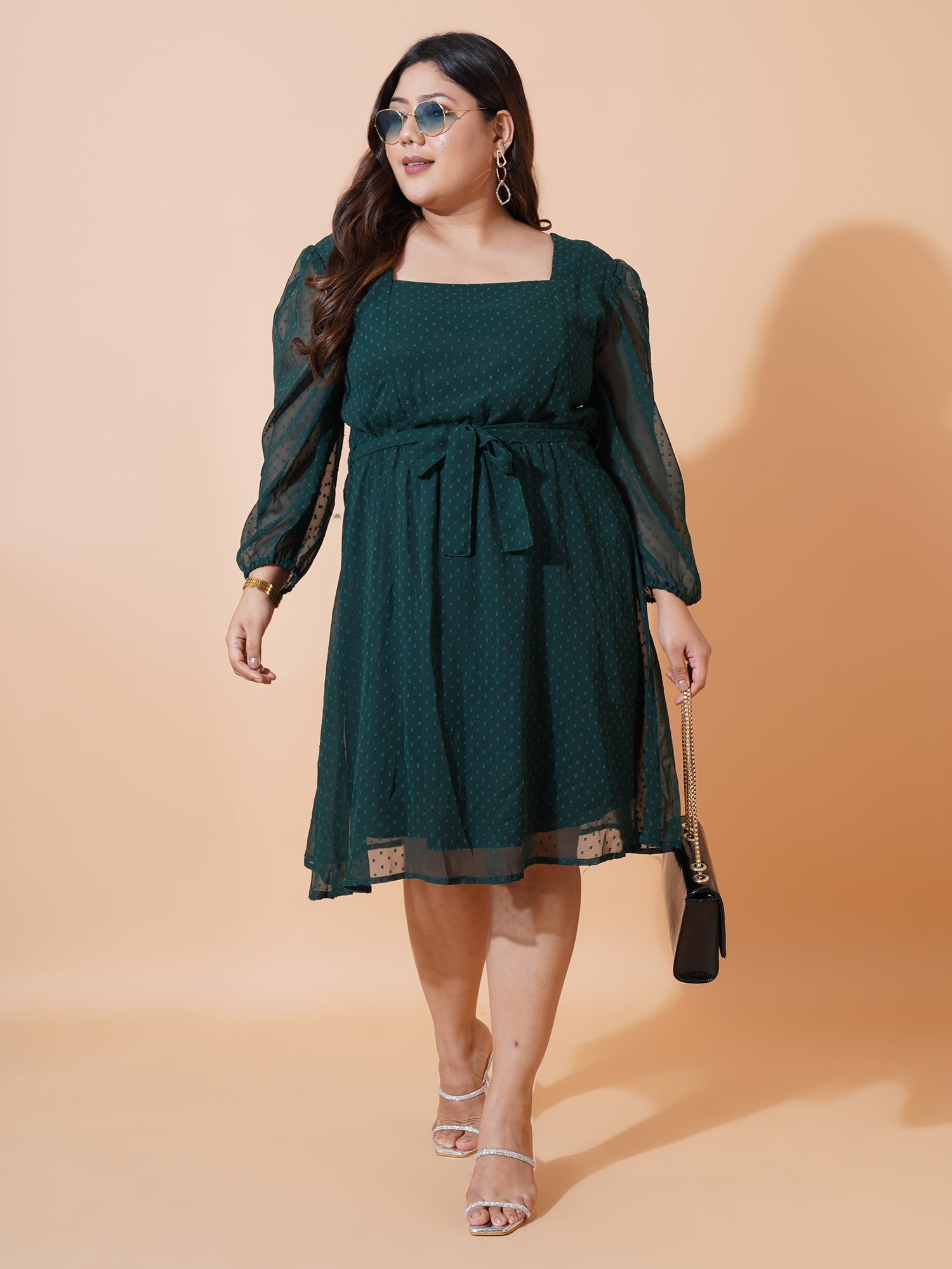 Women Plus Size Puff Sleeves Fit & Flare Dress