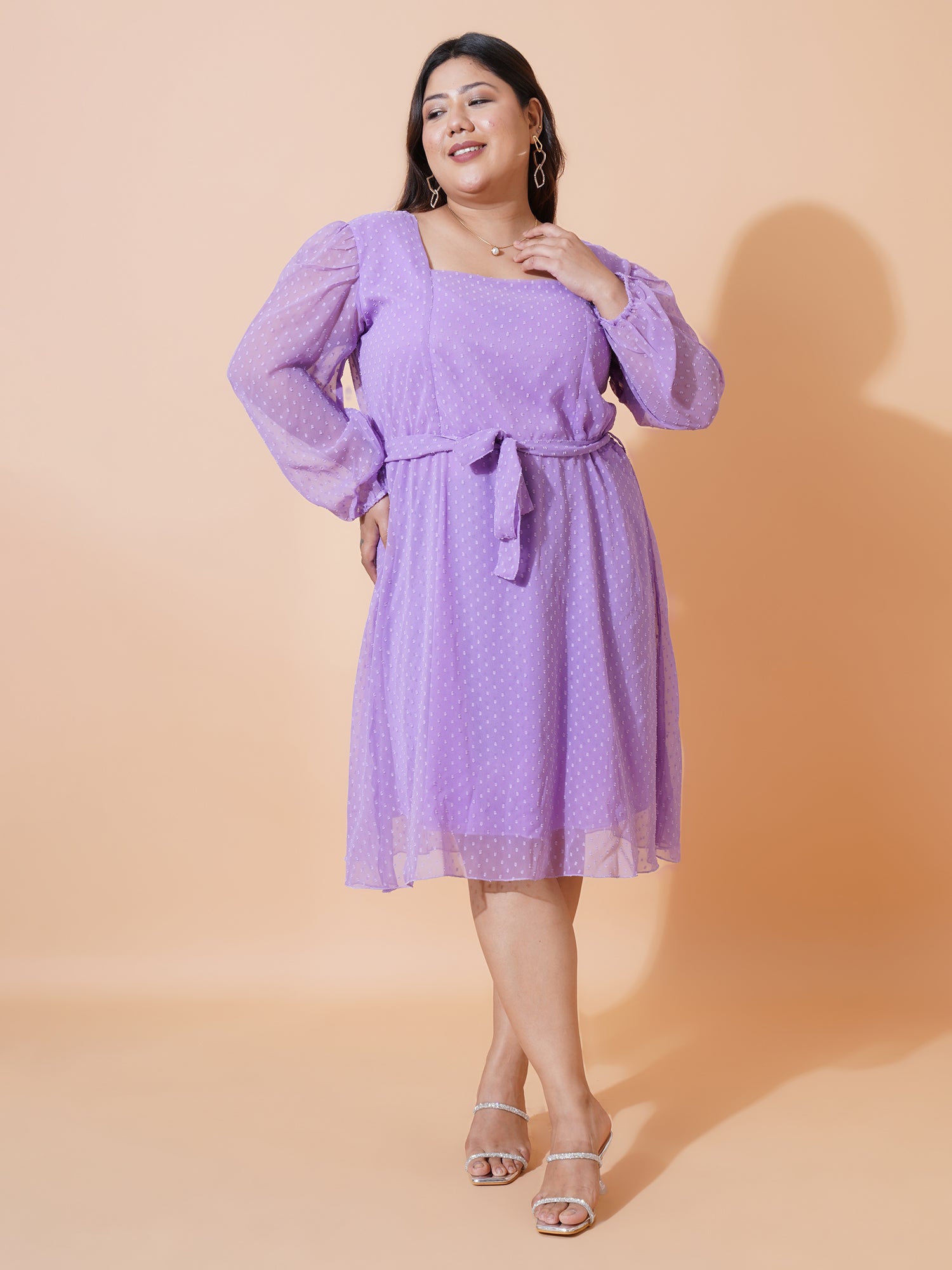 Women Plus Size Self Design Puff Sleeve Fit & Flare Dress