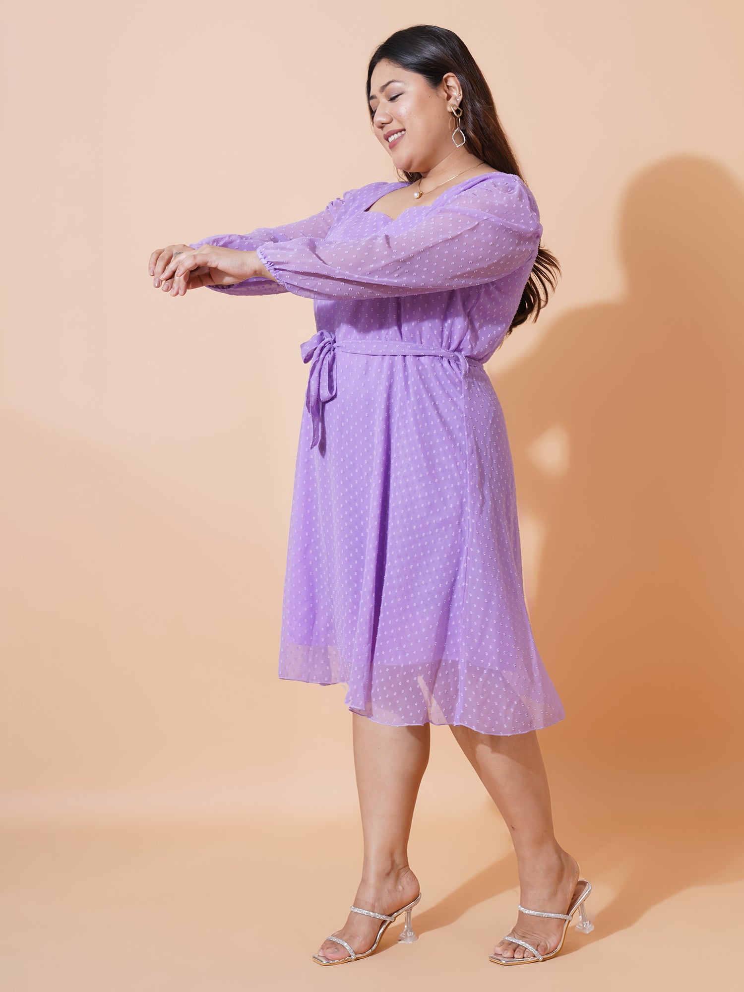 Women Plus Size Self Design Puff Sleeve Fit & Flare Dress