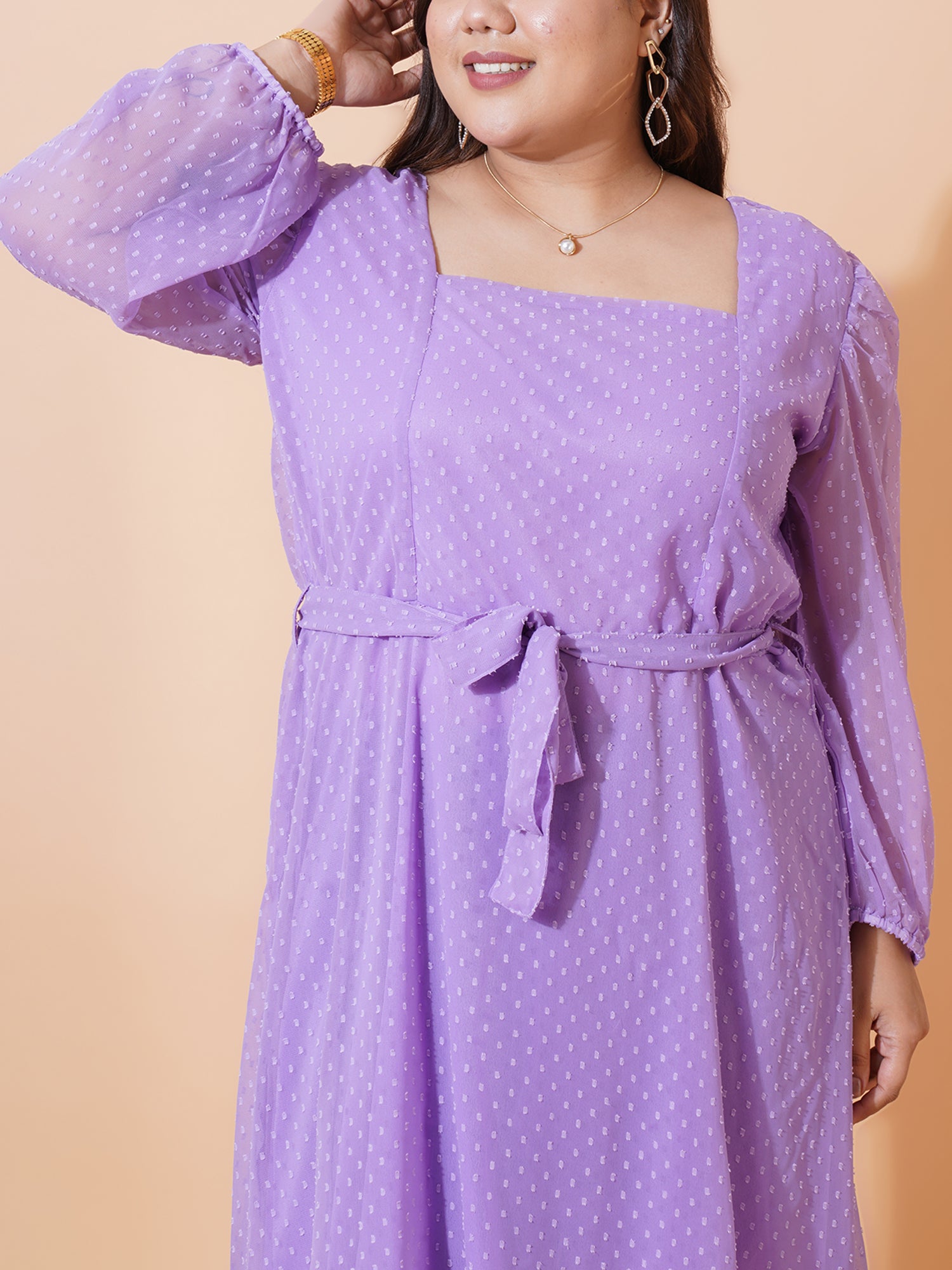 Women Plus Size Self Design Puff Sleeve Fit & Flare Dress