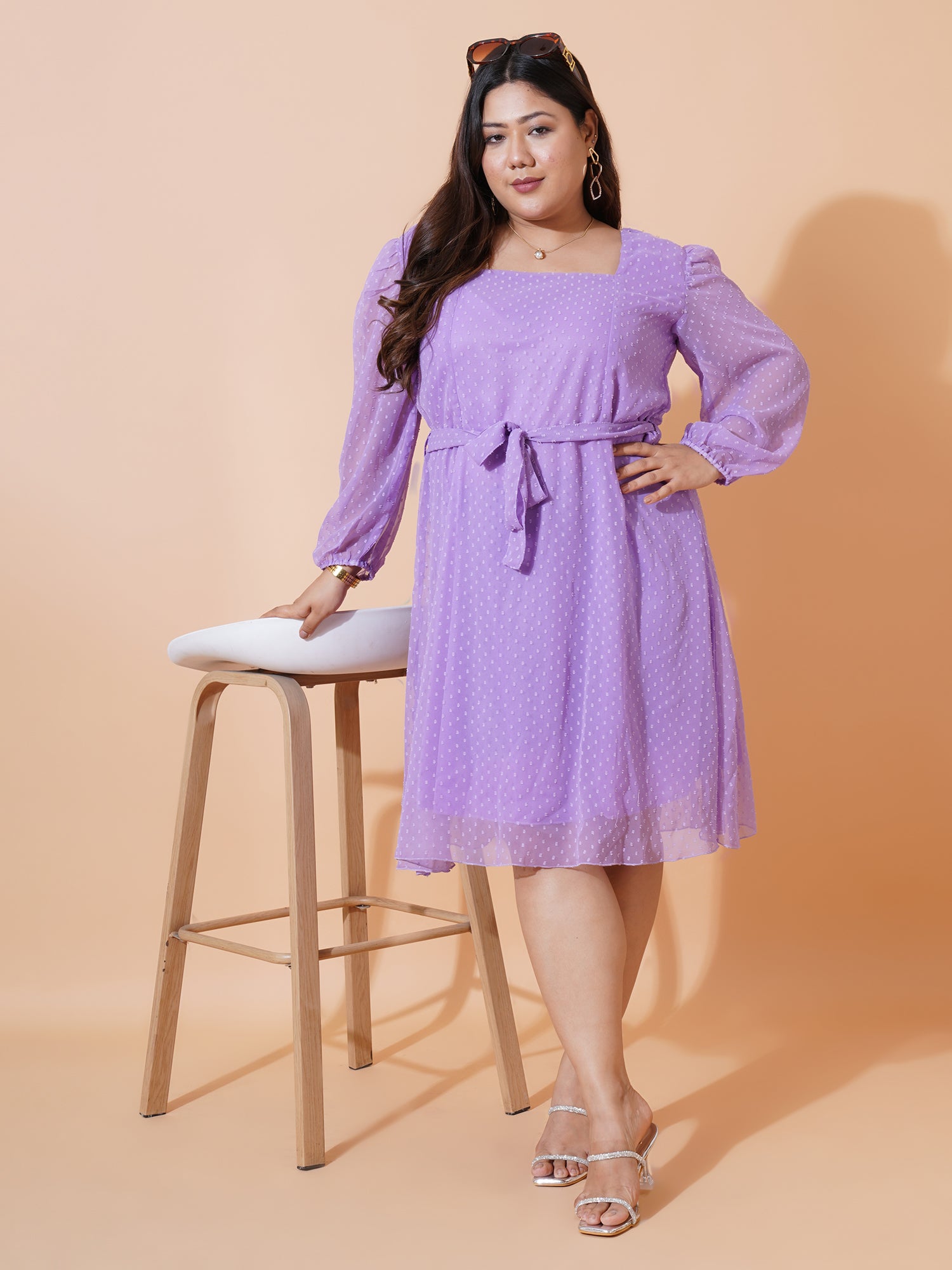 Women Plus Size Self Design Puff Sleeve Fit & Flare Dress