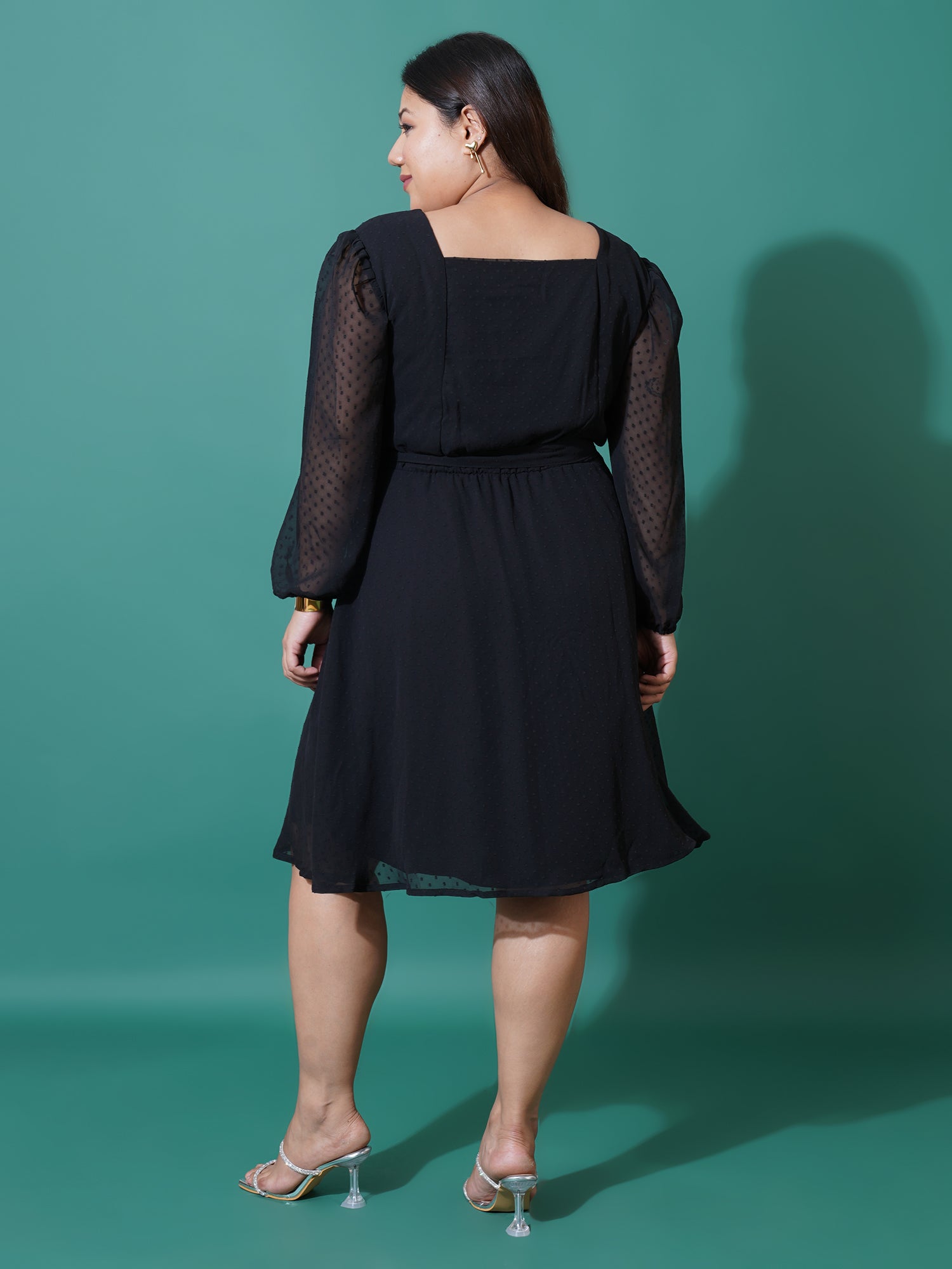 Women Plus Size Puff Sleeve Square Self Design Neck Fit & Flare Dress