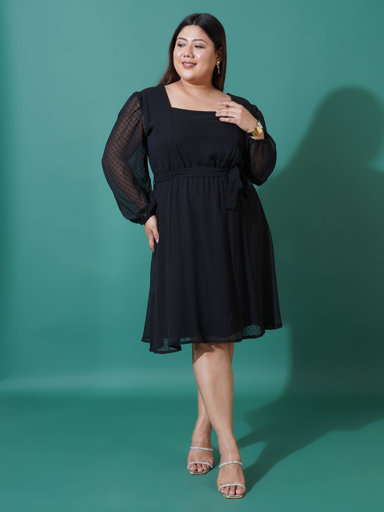 Women Plus Size Puff Sleeve Square Self Design Neck Fit & Flare Dress