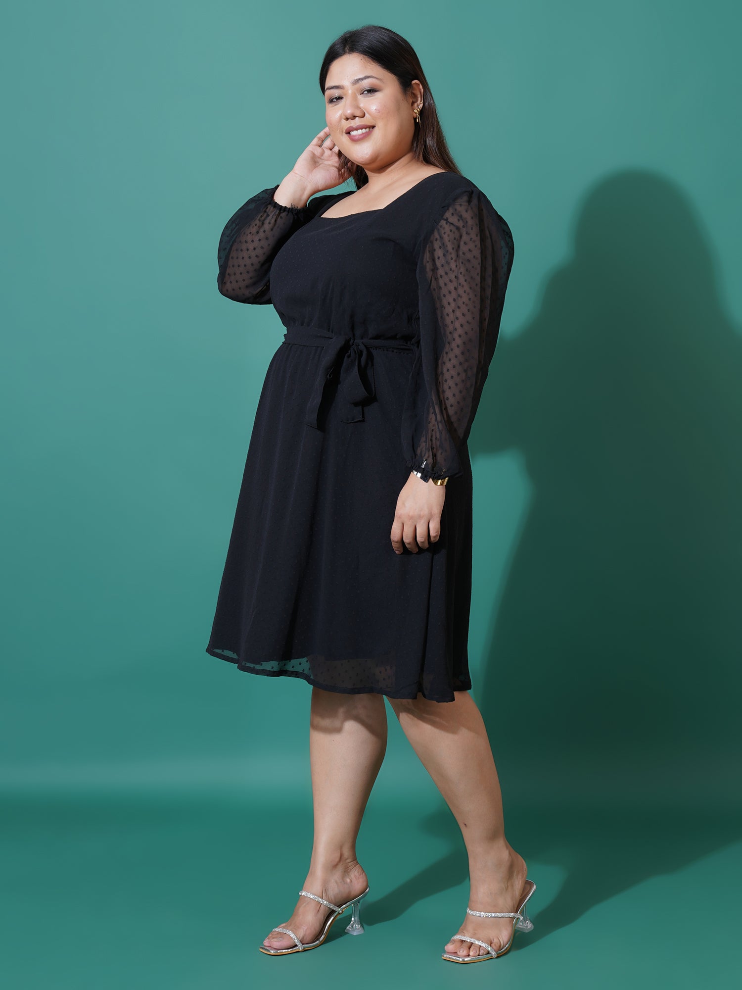 Women Plus Size Puff Sleeve Square Self Design Neck Fit & Flare Dress