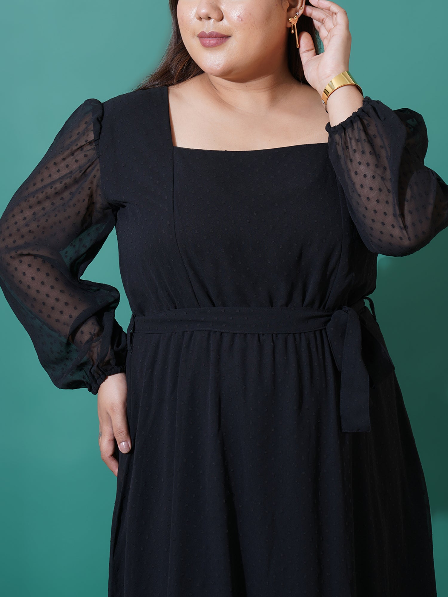 Women Plus Size Puff Sleeve Square Self Design Neck Fit & Flare Dress