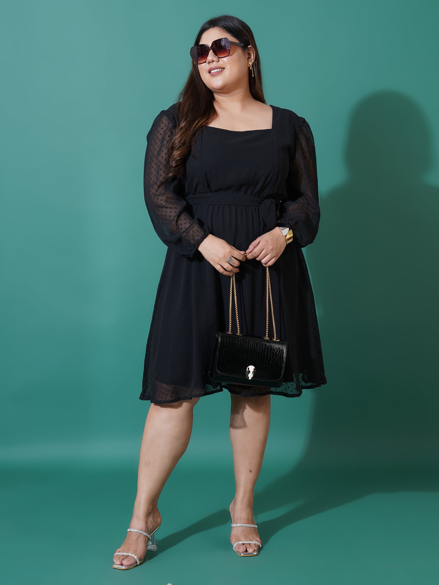Women Plus Size Puff Sleeve Square Self Design Neck Fit & Flare Dress