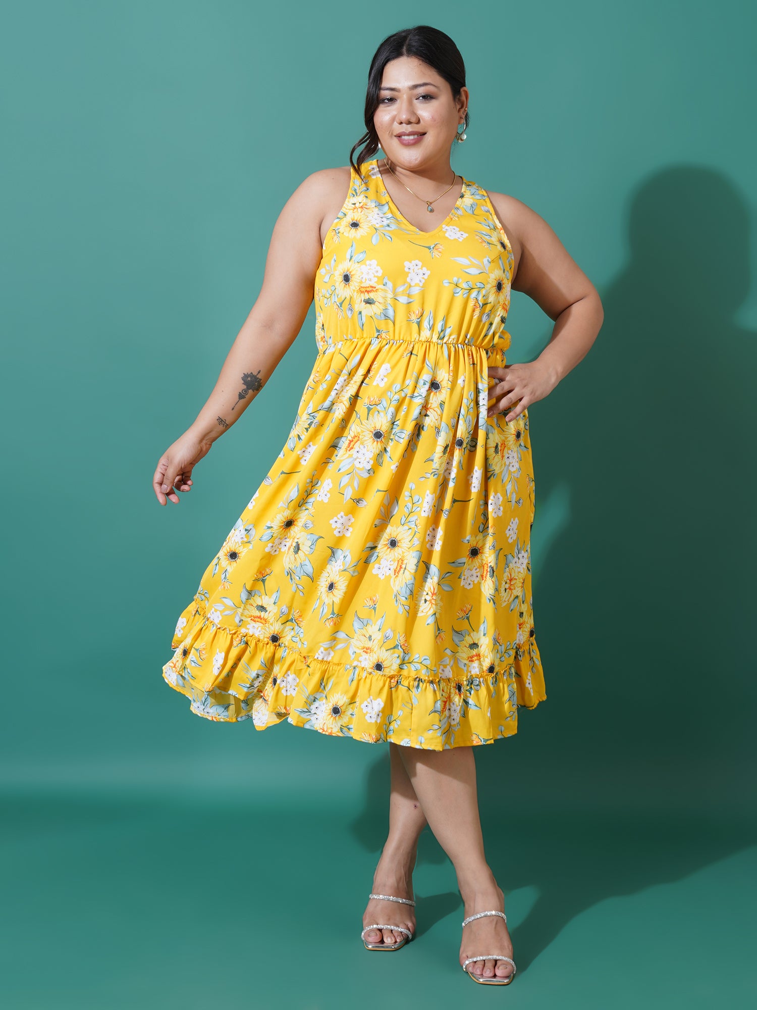 Women Plus Size Floral Printed A-Line Midi Dress