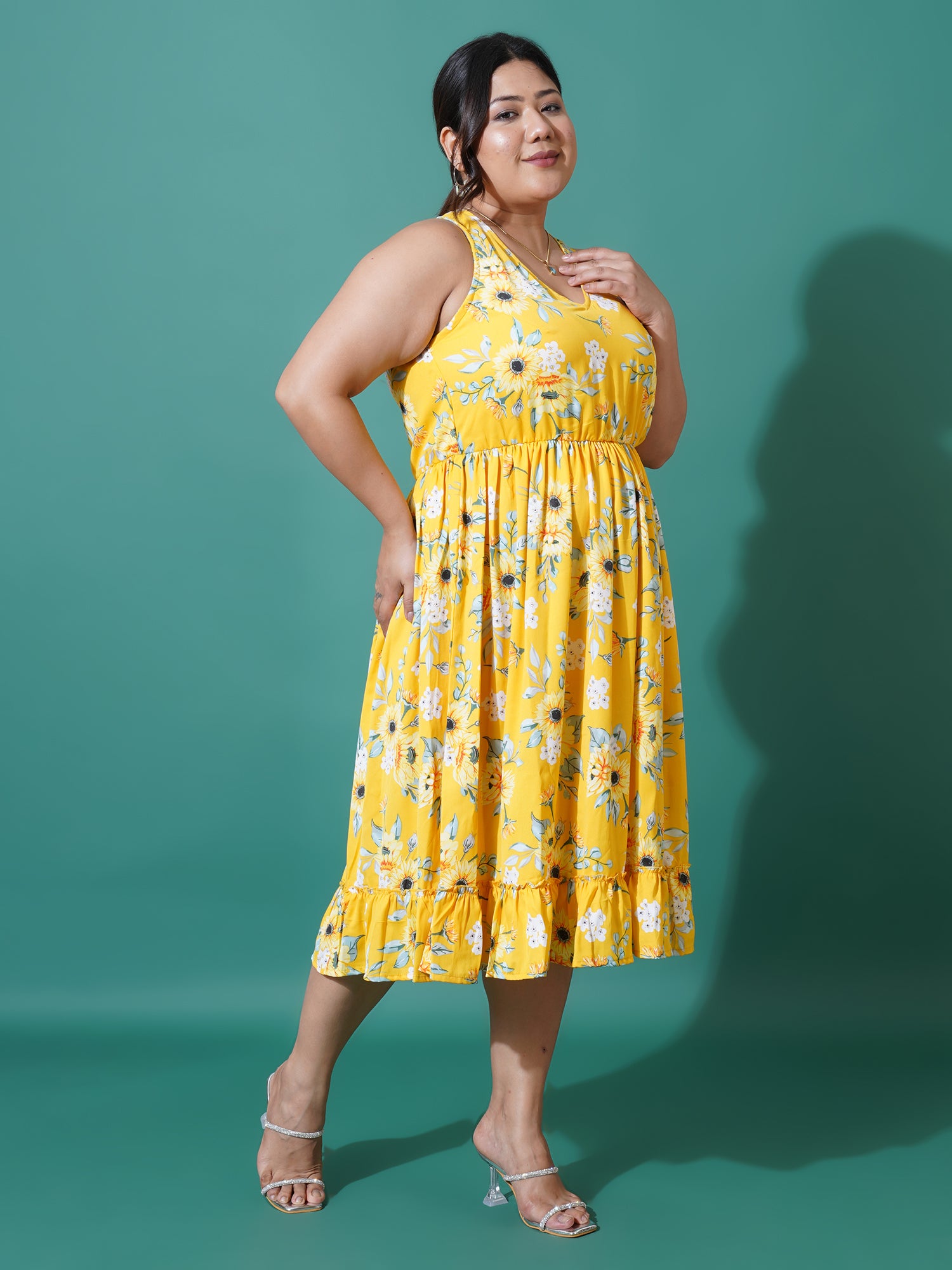 Women Plus Size Floral Printed A-Line Midi Dress