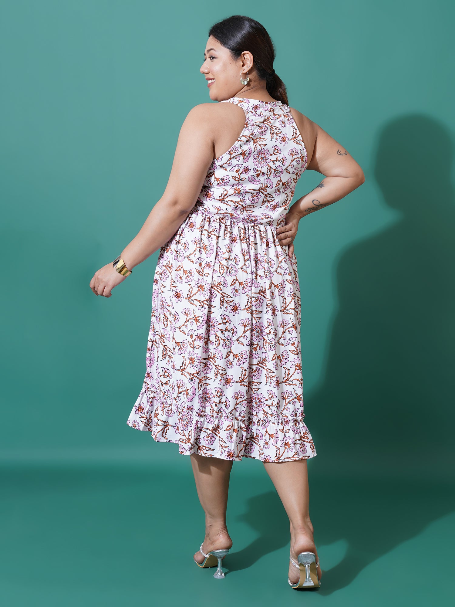 Women Plus Size Floral Printed Crepe Fit and Flare Midi Dress