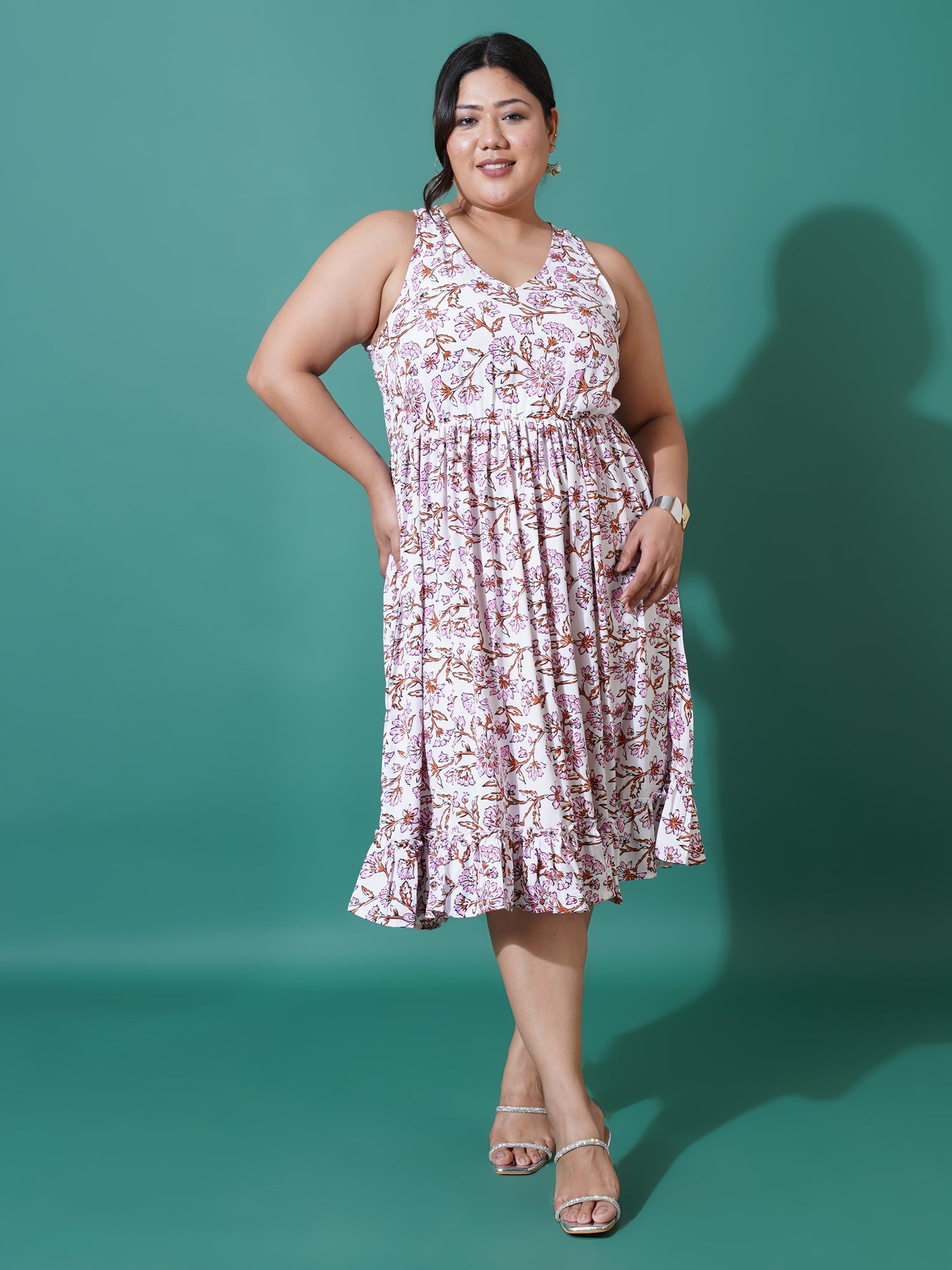 Women Plus Size Floral Printed Crepe Fit and Flare Midi Dress