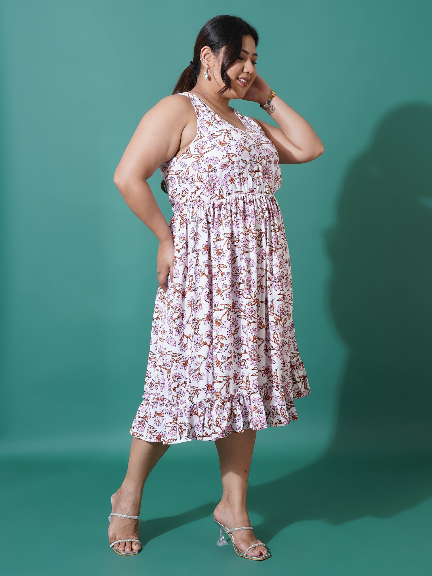 Women Plus Size Floral Printed Crepe Fit and Flare Midi Dress