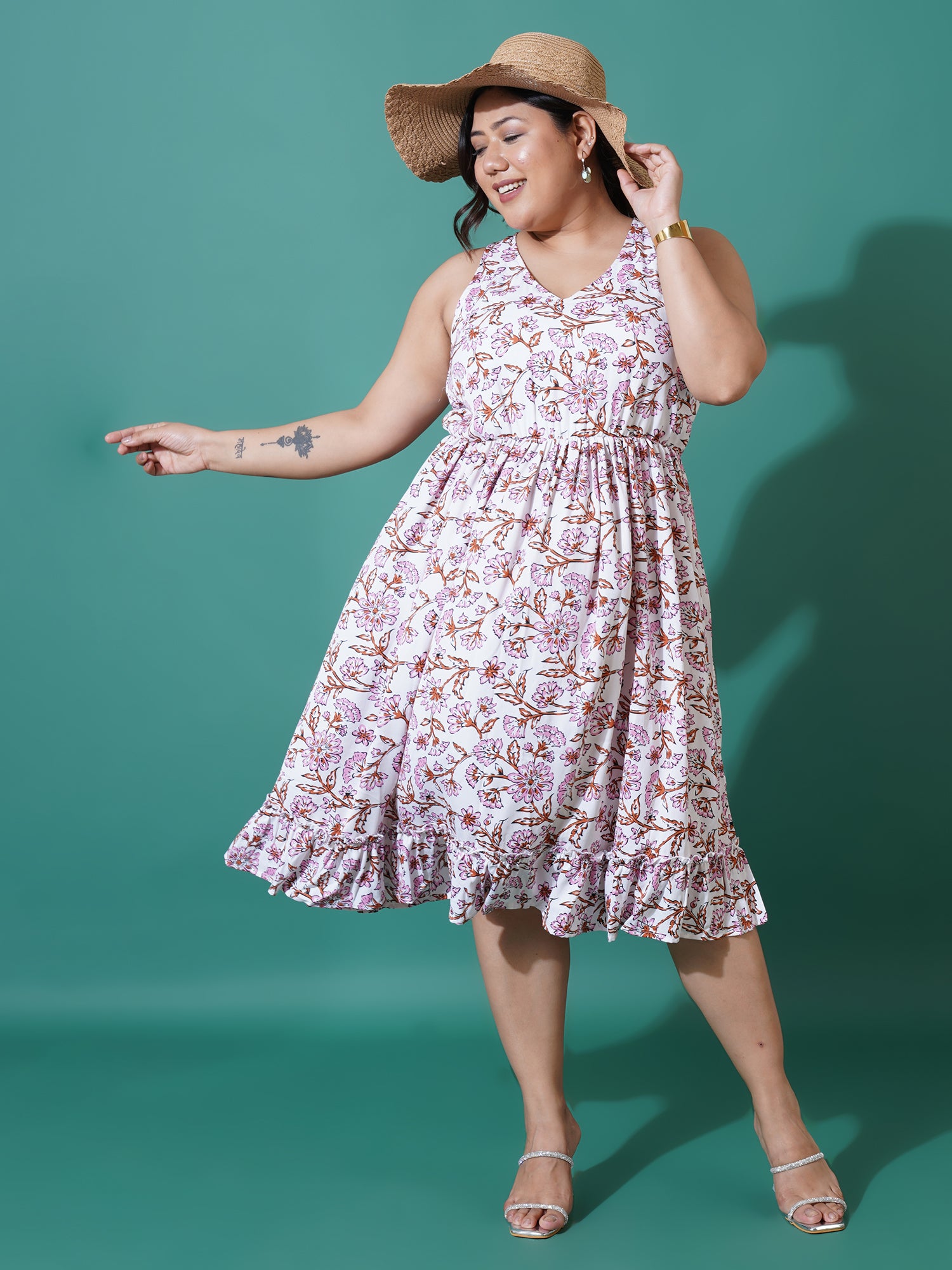 Women Plus Size Floral Printed Crepe Fit and Flare Midi Dress