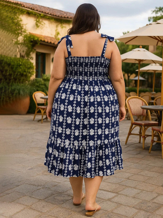 U&F Beyond Plus Size Navy Blue & White Printed Midi Dress with Shoulder Tie Straps & Flared Hem