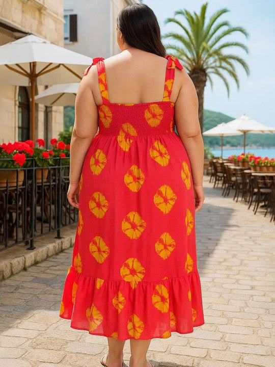 U&F Beyond Plus Size Red & Yellow Tie-Dye Print Midi Dress with Shoulder Tie Straps & Flounce Hem