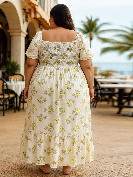 U&F Beyond Women Plus Size Off White Floral Print Smoked Empire Puff Sleeve Crepe Maxi Dress