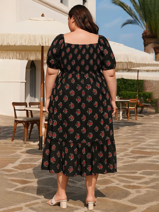 U&F Beyond Women Black Floral Printed Smocked Puff Sleeve Crepe Maxi Dress Size