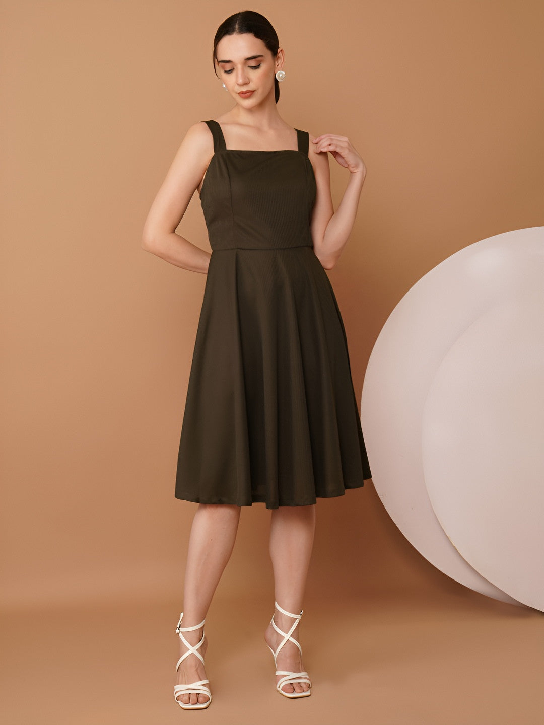 U&F Women Olive Green Scuba Pleated Fit & Flare Knee Length Dress