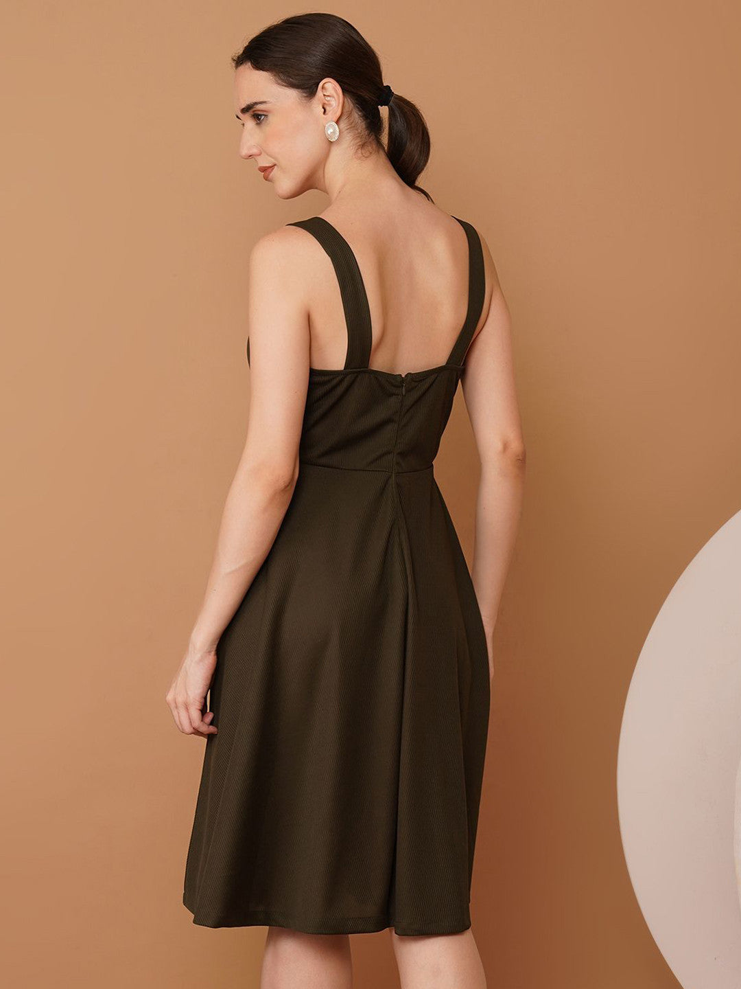 U&F Women Olive Green Scuba Pleated Fit & Flare Knee Length Dress