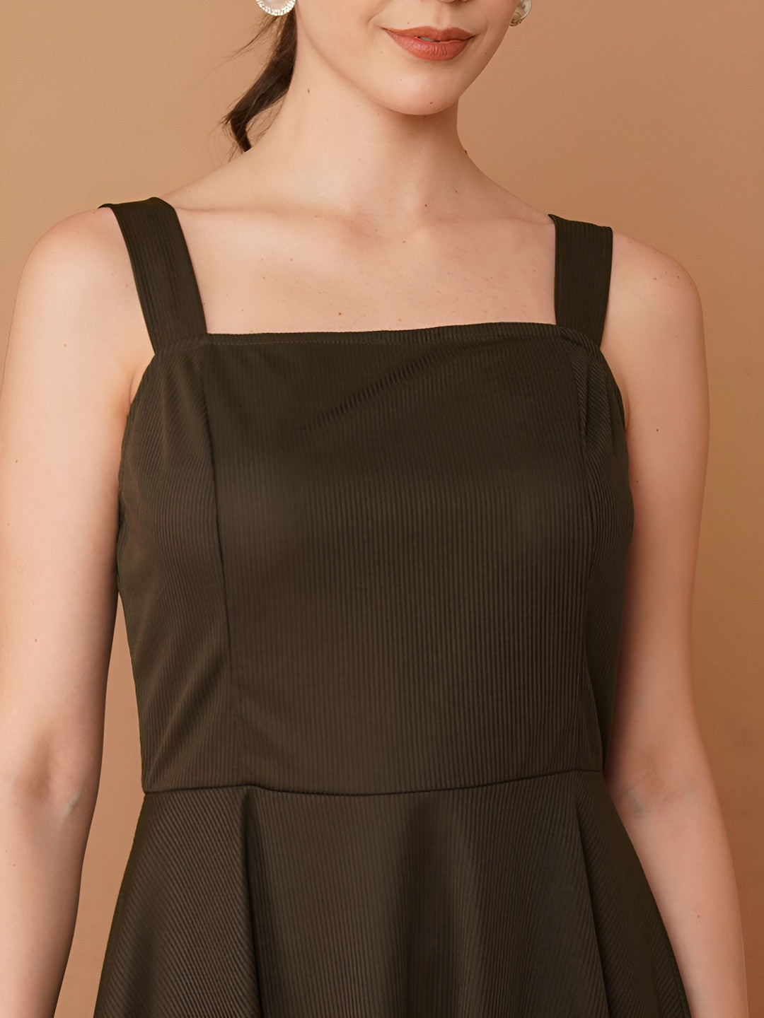 U&F Women Olive Green Scuba Pleated Fit & Flare Knee Length Dress