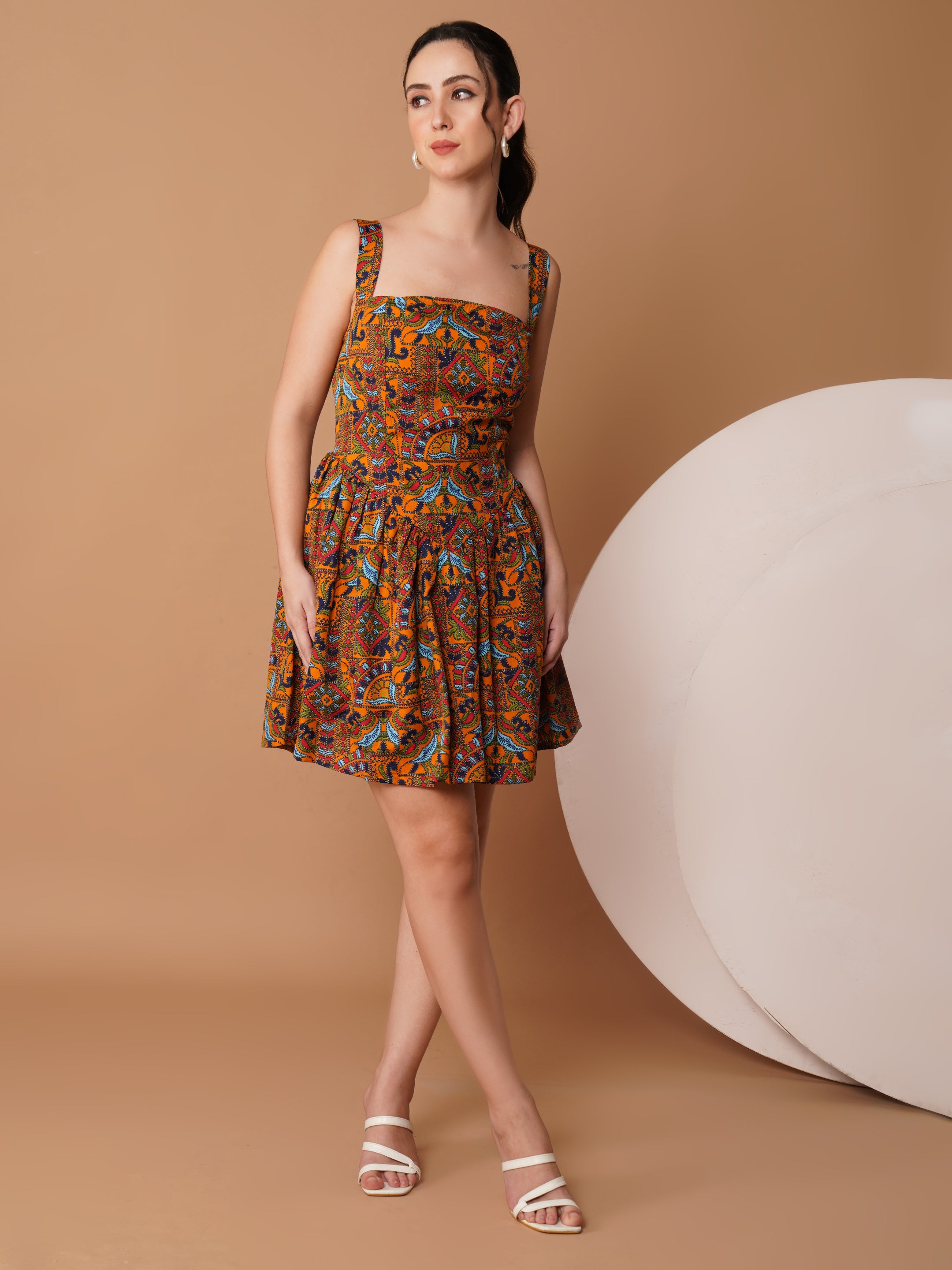 U&F Mustard Square Neck Printed Mini Dress