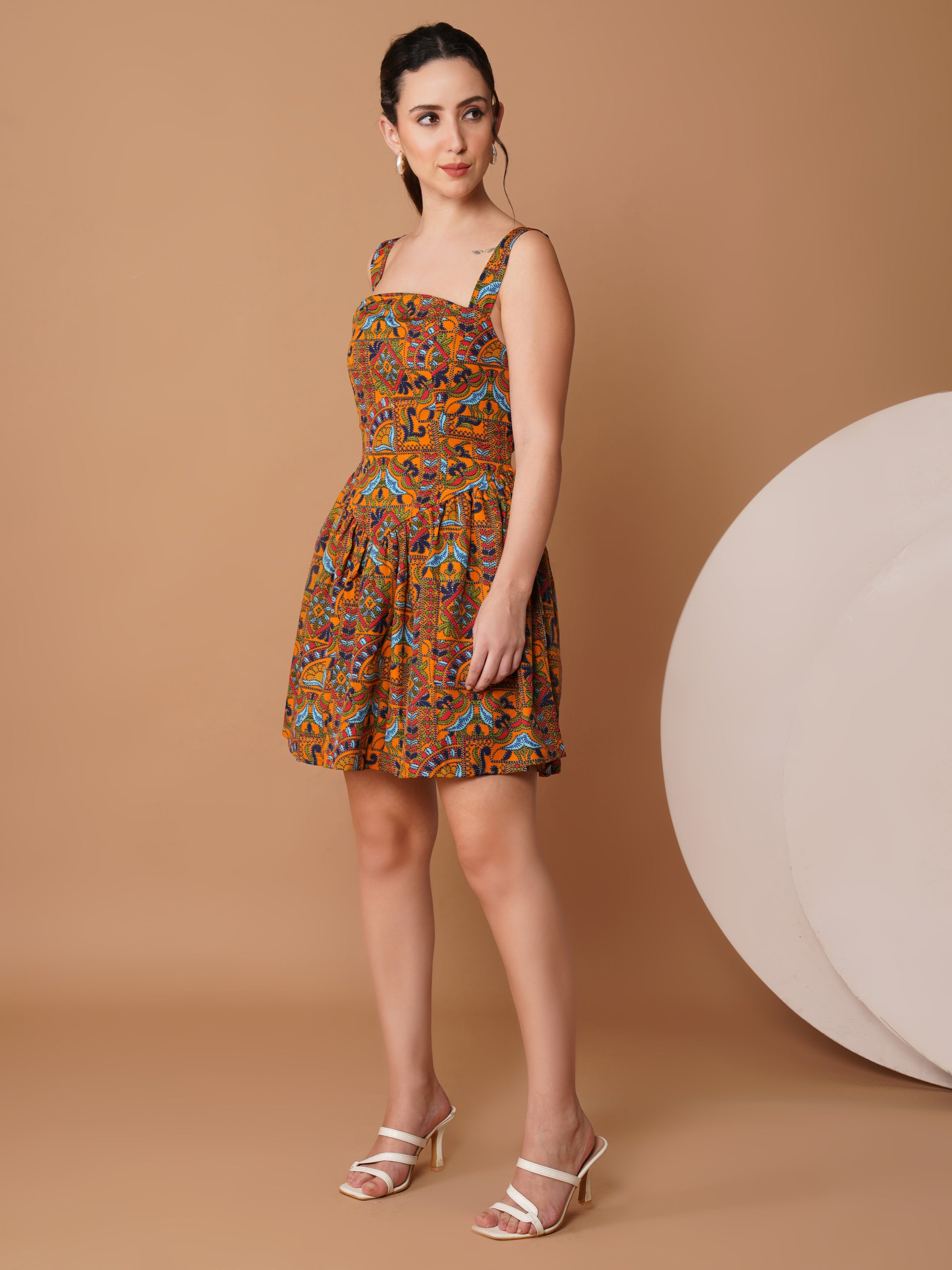 U&F Mustard Square Neck Printed Mini Dress