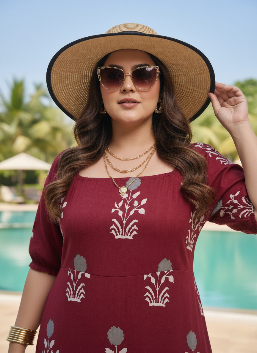 U&F Beyond Maroon Ethnic Printed Maxi Dress