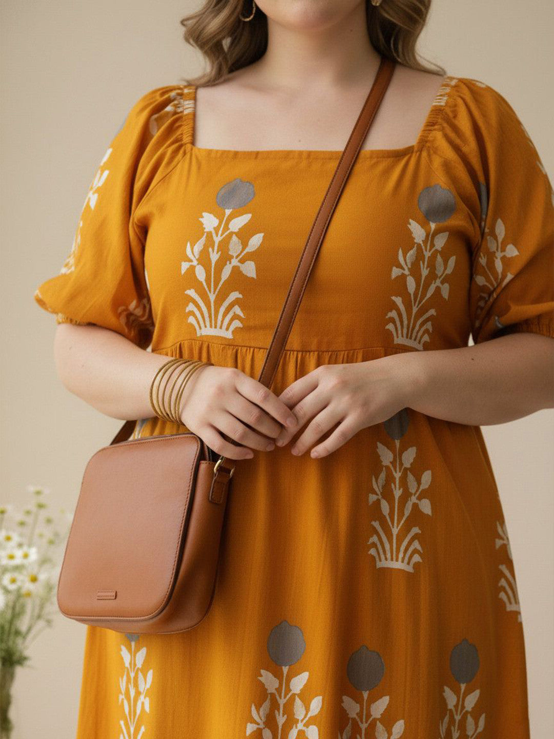 U&F Beyond Mustard Yellow Floral Tiered Midi Dress