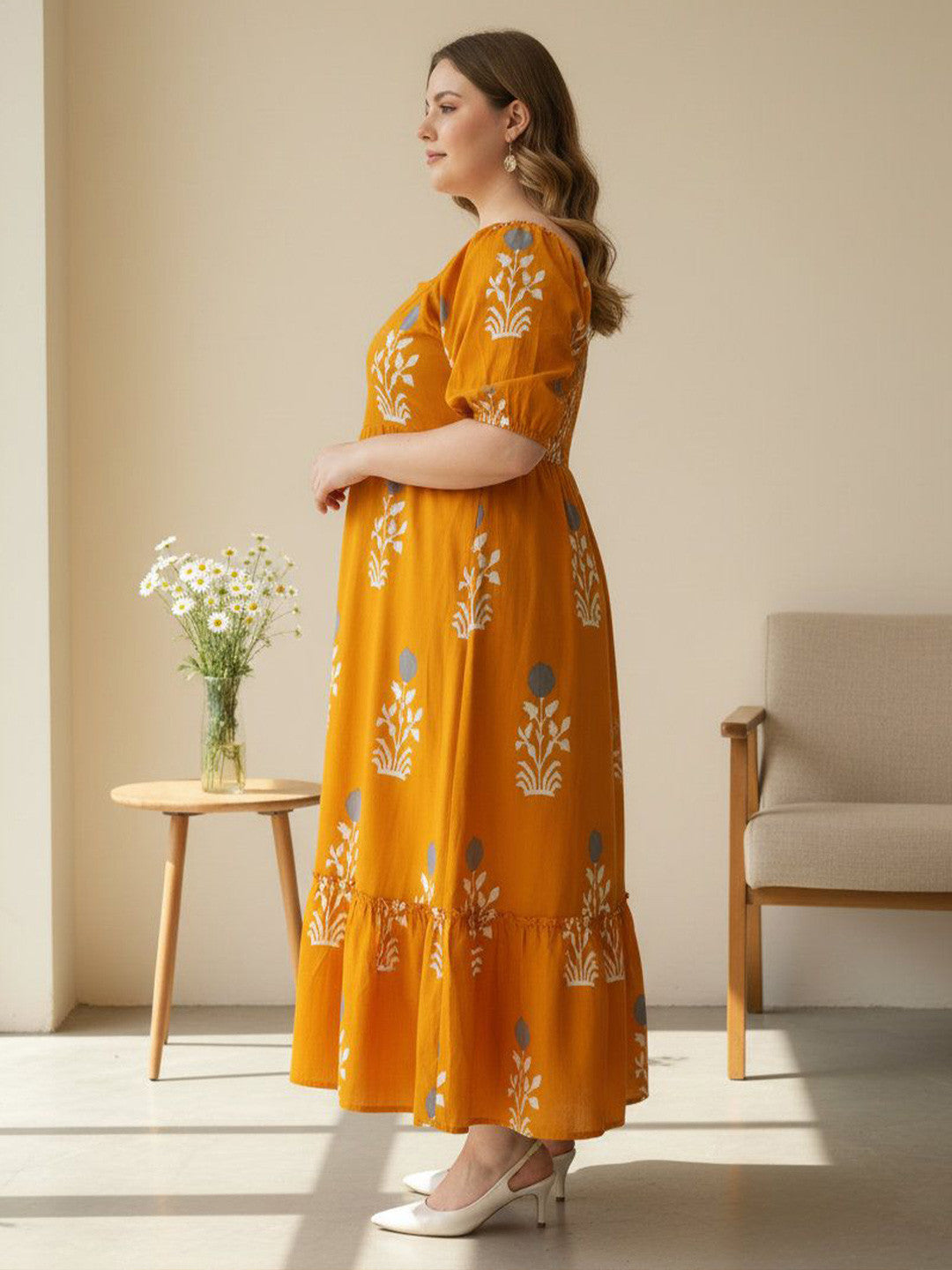 U&F Beyond Mustard Yellow Floral Tiered Midi Dress