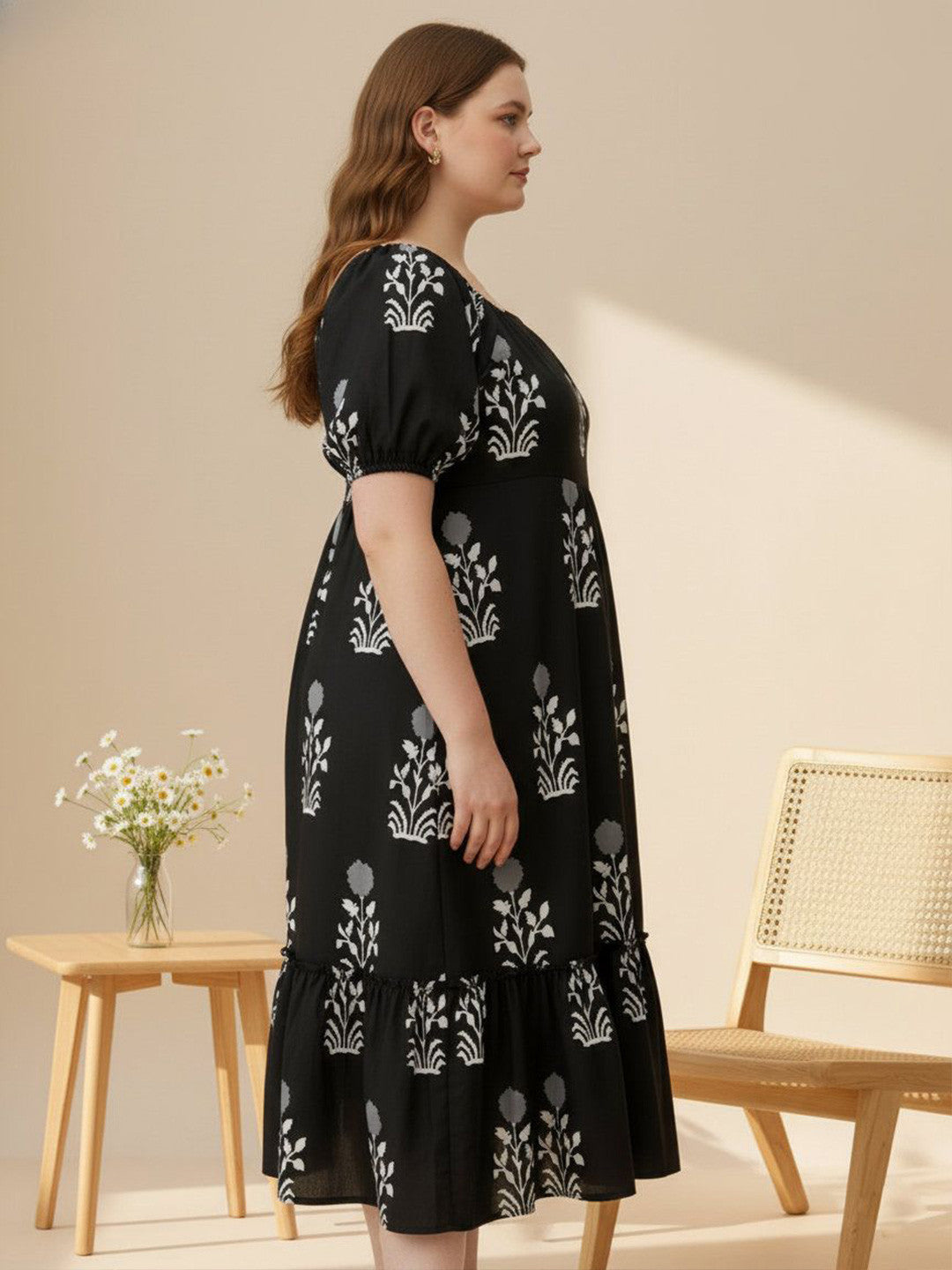 U&F Beyond Classic Black Floral Tiered Midi Dress