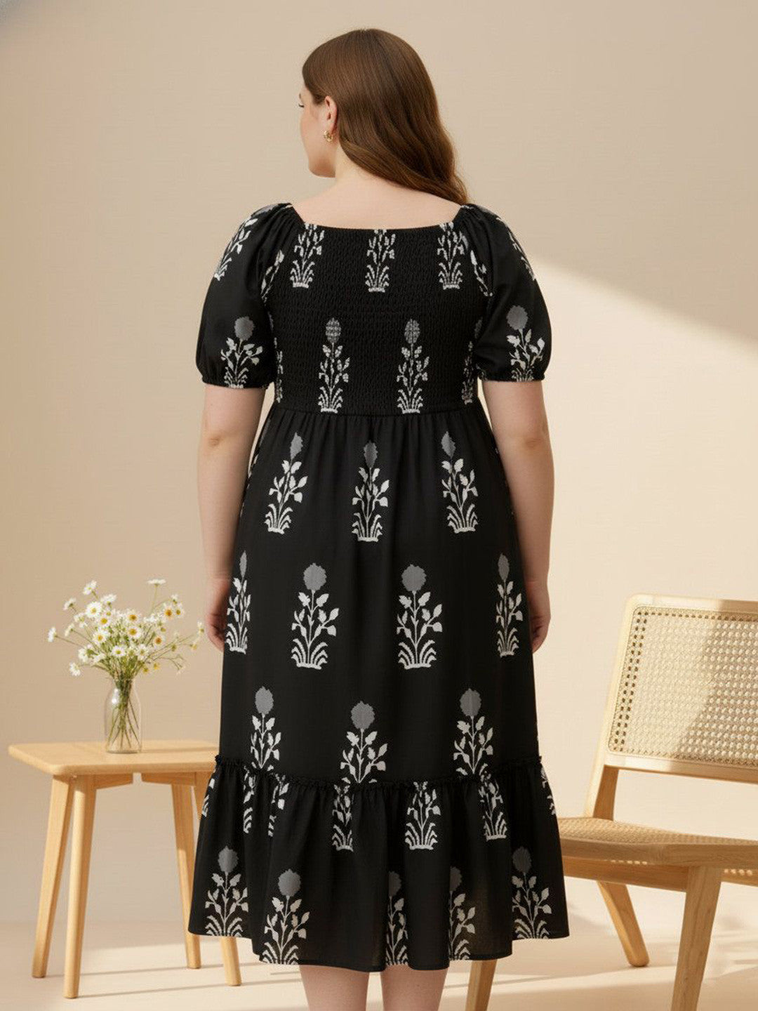 U&F Beyond Classic Black Floral Tiered Midi Dress
