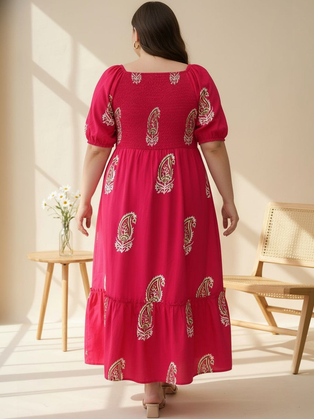 U&F Beyond Pink Print Puff Sleeve Fit & Flare Midi Dress