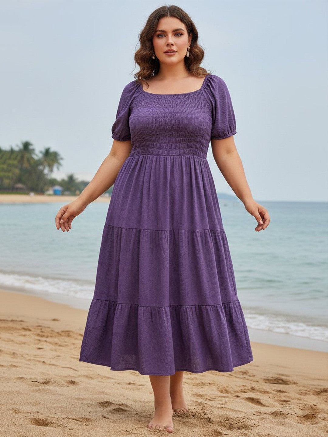 U&F Beyond Purple Solid Puff Sleeve A-Line Midi Dress